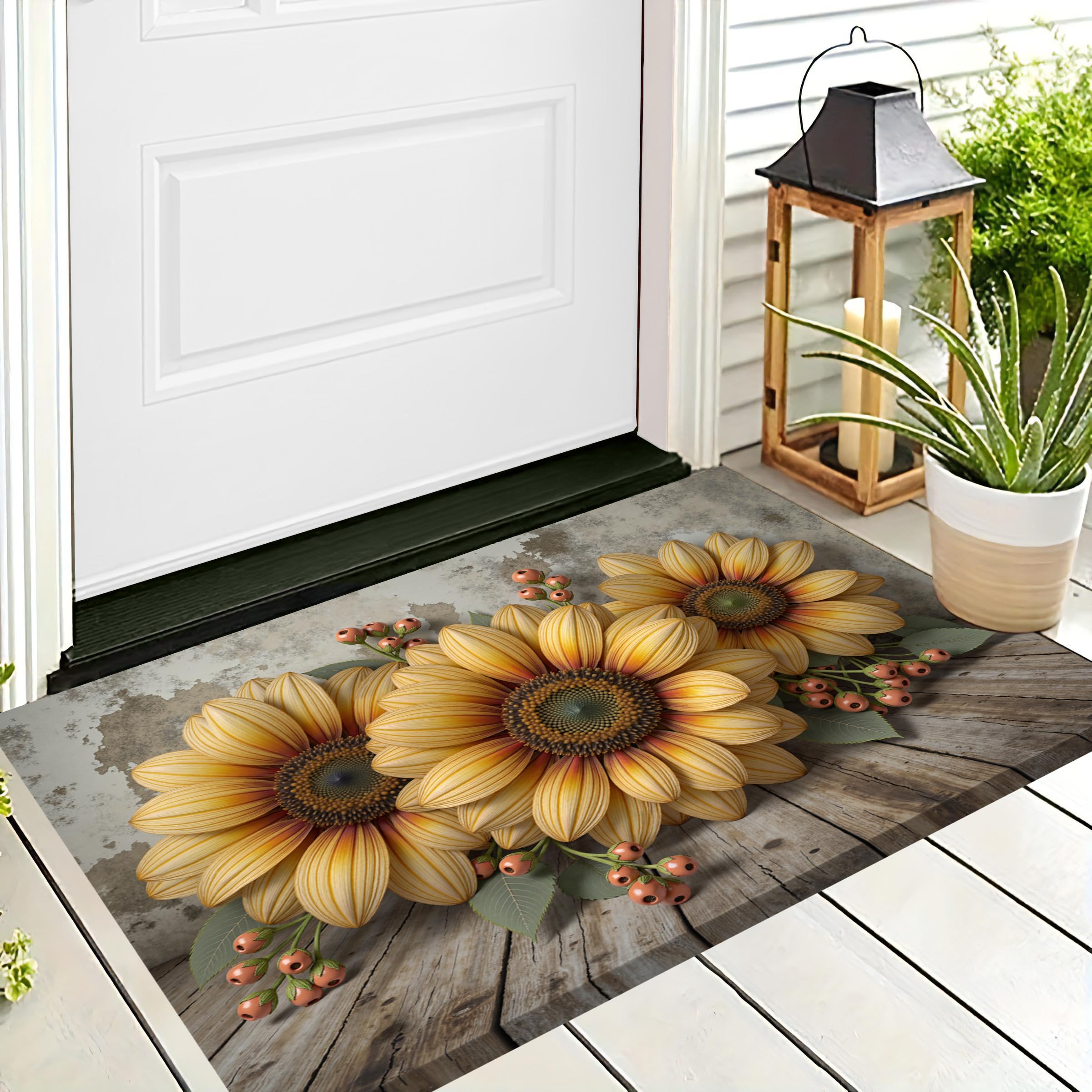 Paillasson Intérieur Fleurs 60x90 Tapis Entrée Tournesol Jaune-Vert Vert