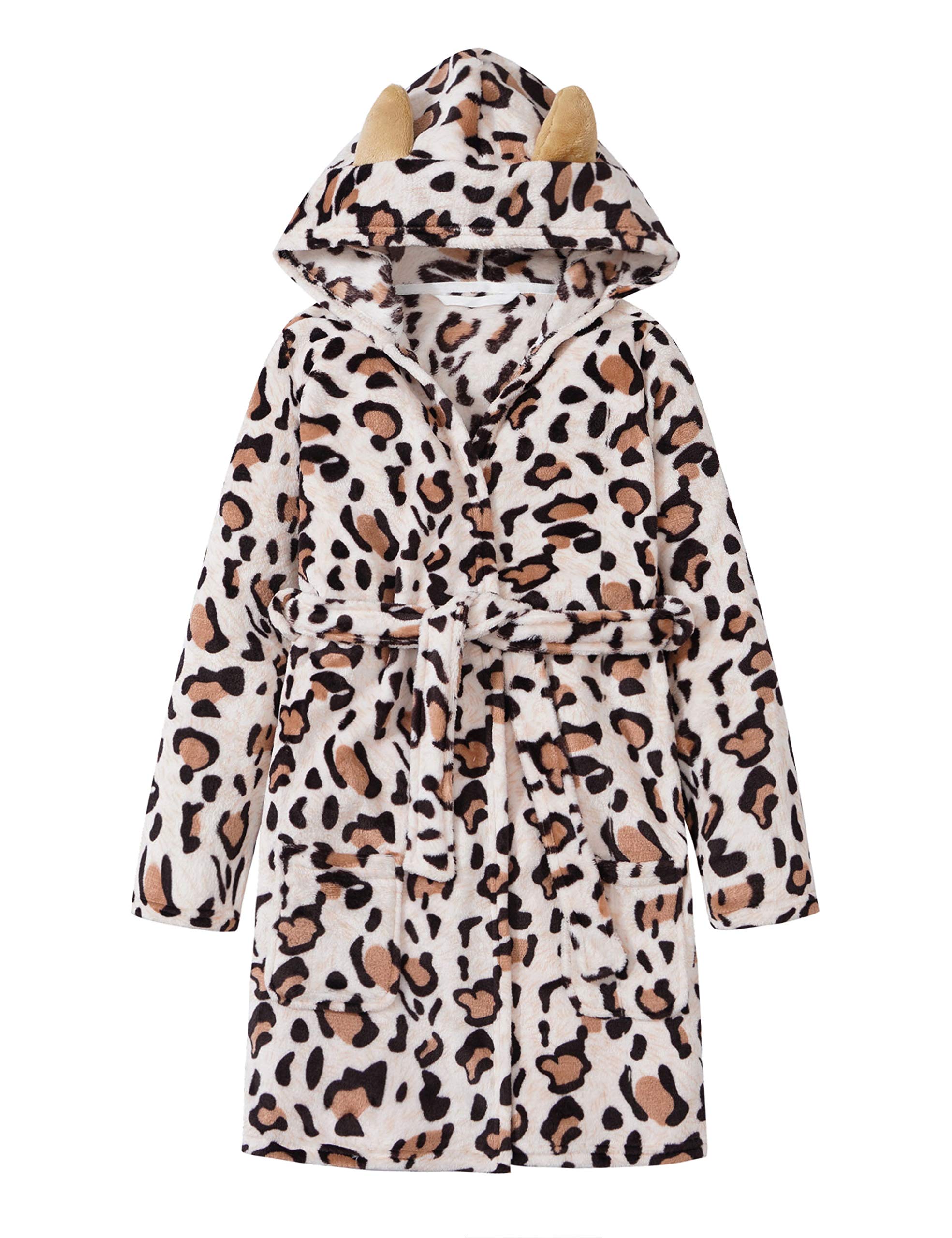 Topgal Leopard Cat Robe for Girls Fleece Toddler Kids Teen Hooded Bathrobe Size 4T-18