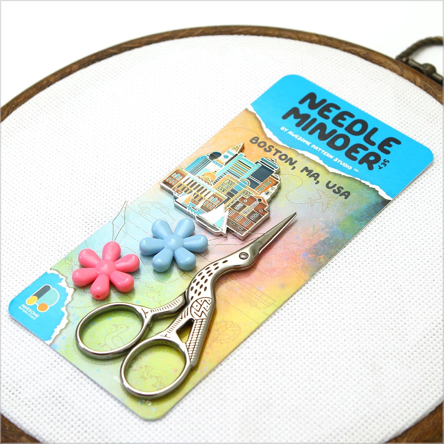 Awesome Pattern Studio Needle Minder Set – Boston Magnetic Needle Minder + 2 Needle Threaders + Crane Scissors. Enamel Pin for Cross Stitch, Embroidery and Craft