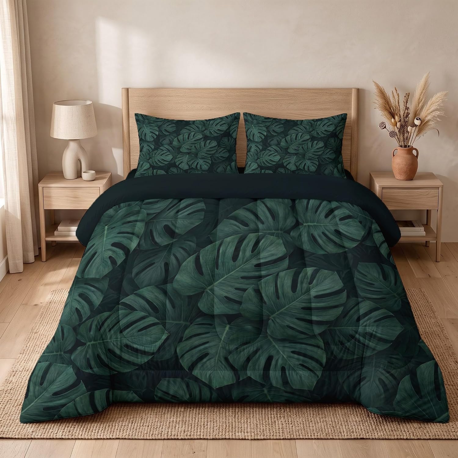 Tropical Plants Comforter Set Twin Size, Monstera Leaves Print Breathable Bedding Set for Girls Boys Teens, Dark Green Quilt Duvet with 2 Pillow Cases