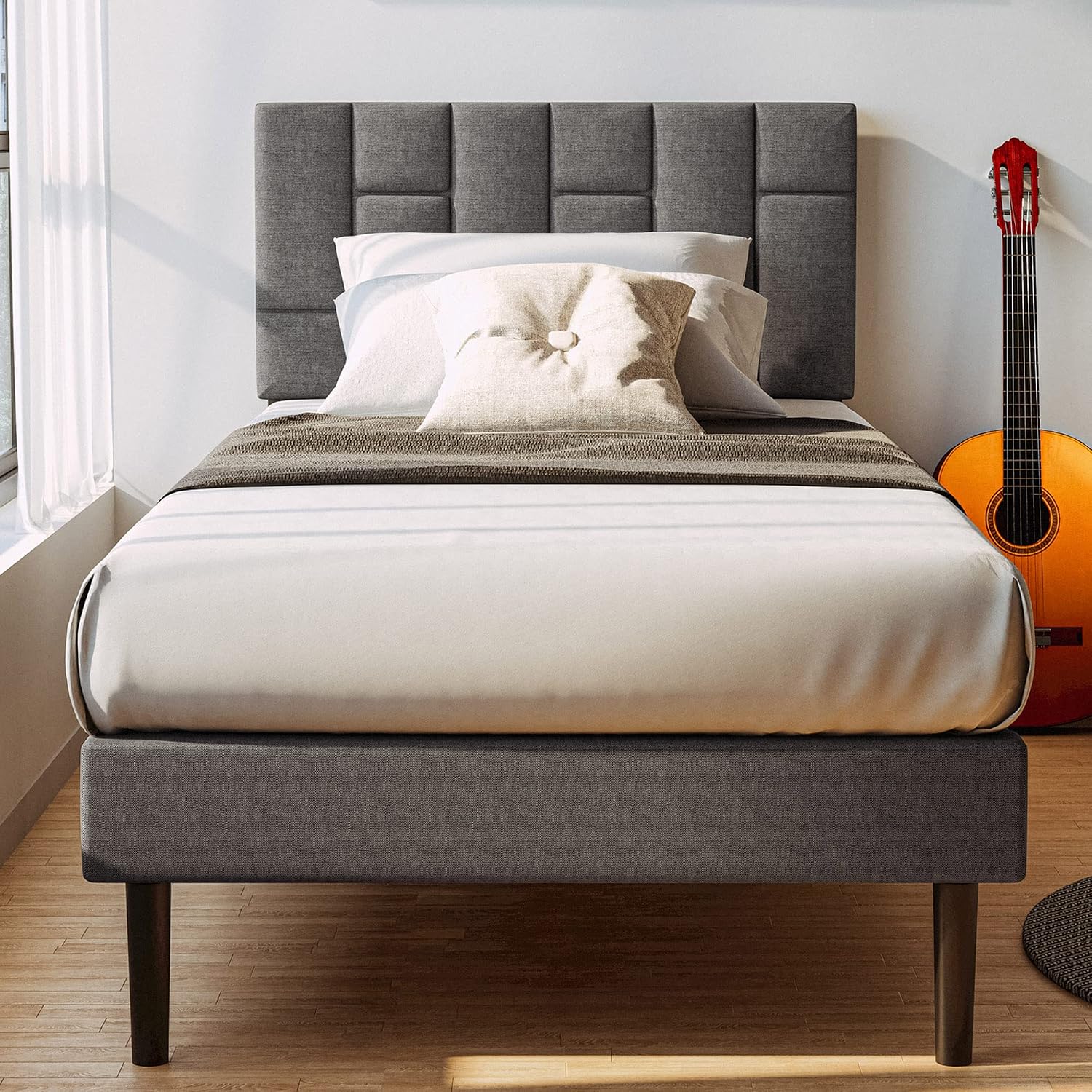 LIKIMIO Twin Bed Frame with Headboard, Modern Upholstered Platform Bed with Headboard and Wood Slat Support, Noise-Free, No Box Spring Required, Easy Assembly, Grey