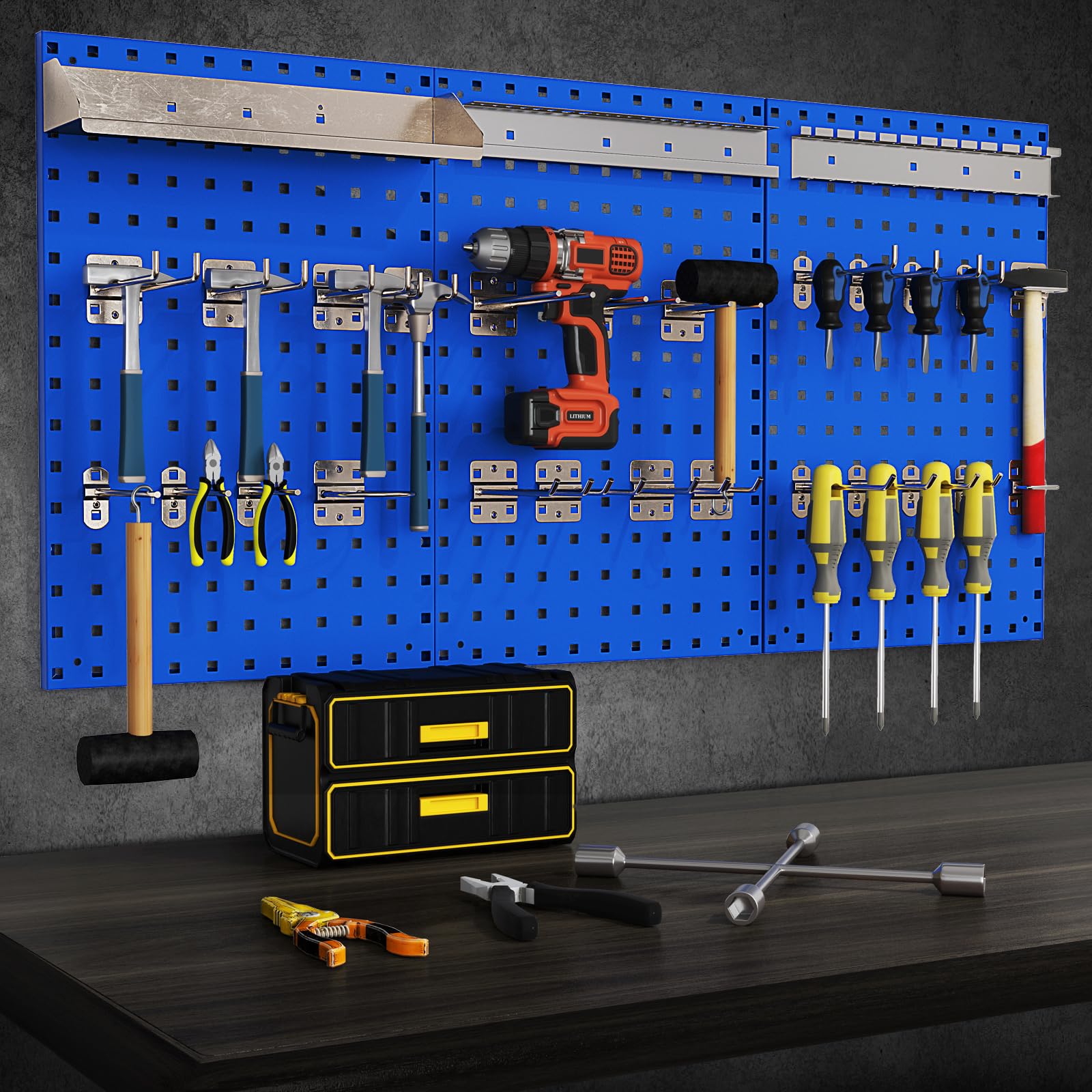 COSTWAY Kit 3 Pannelli Porta Attrezzi da Parete 60 x 40 cm, Pannello Forato Portaoggetti con 24 Ganci e Supporti, Pannello Portautensili per Officina e Garage (Blu)