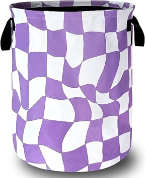 Funny Purple Checkerboard Laundry Basket With Handles Oxford Cloth Tote Bag Colorful Laundry Hamper 18.9" x 16.5 "Foldable Clothes Storage Bucket Toy Organizer For Bathroom/Laundry/Bedroom
