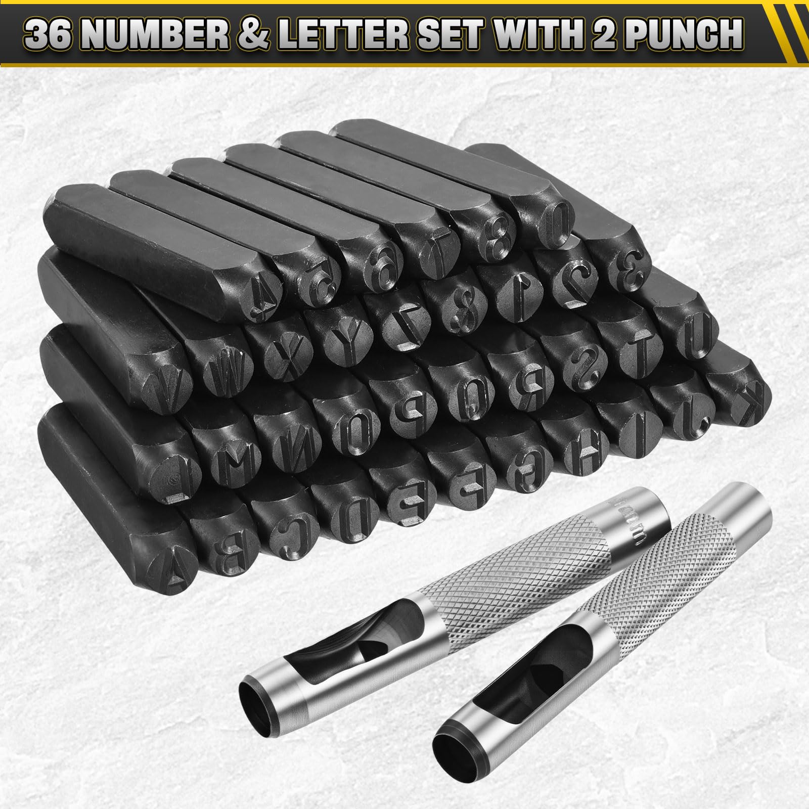 Kit de estampado de metal de 36 piezas, juego de perforadores de números y letras de acero de 10 mm, incluye alfabeto A-Z, número 0-8 y símbolo, herramienta de estampado para imprimir