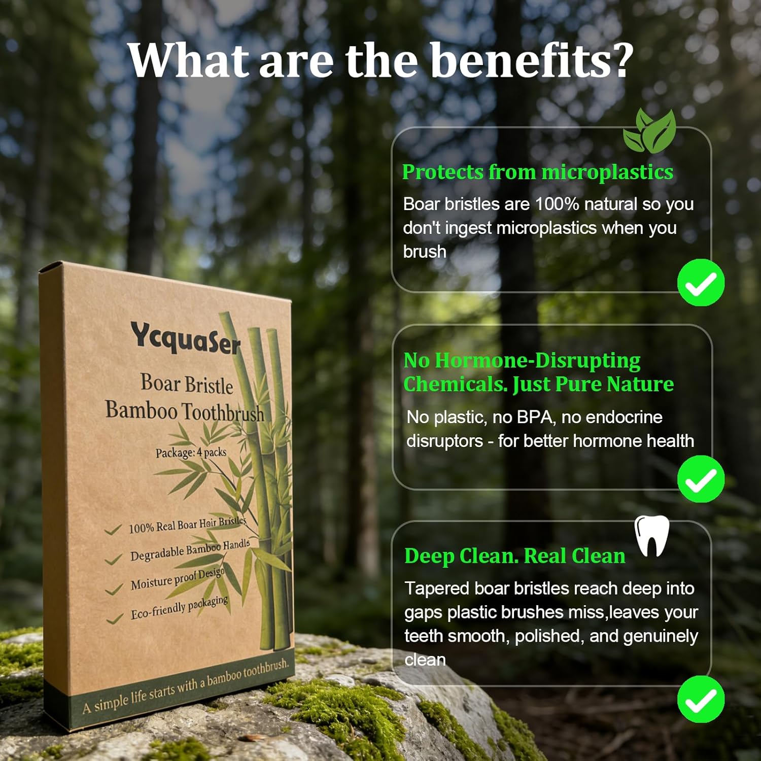 Premium Boar Bristle Bamboo Toothbrush (4 Pack) | 100% Plastic & Nylon Free | Gentle Deep Clean | Compostable Eco Friendly Zero Waste