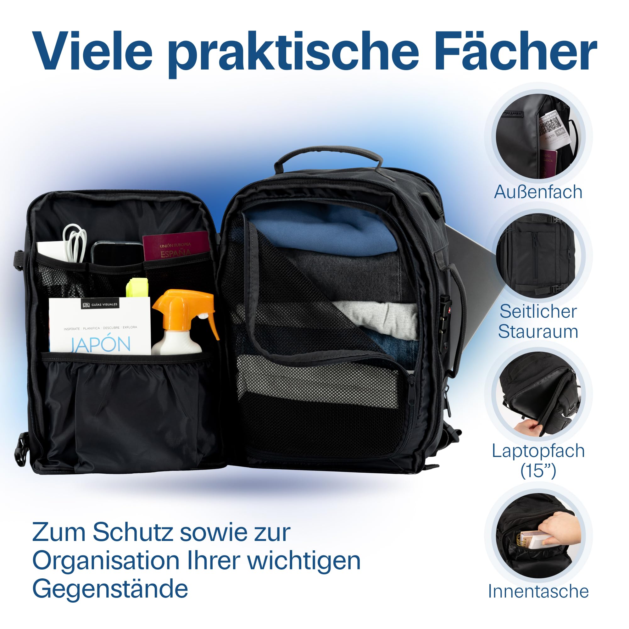 BidMamba Handgepäck Rucksack mit TSA Schloss für Ryanair 40x20x25, wasserdichter Reiserucksack Damen Herren, Flugzeug Handgepäck mit Laptopfach, praktischer Travel Rucksack für Reisen und Alltag