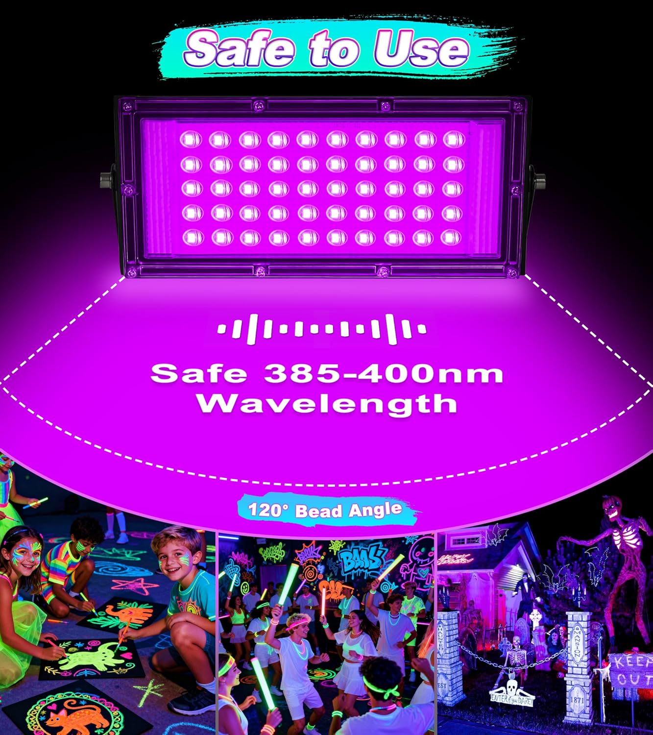 42W Black Light Bar & 50W Black Light Flood Light, IP66 Waterproof Blacklight with 6.0Ft Cord + On/Off Switch, Black Lights for Glow Party, Halloween, Body Paint, Fluorescent Party
