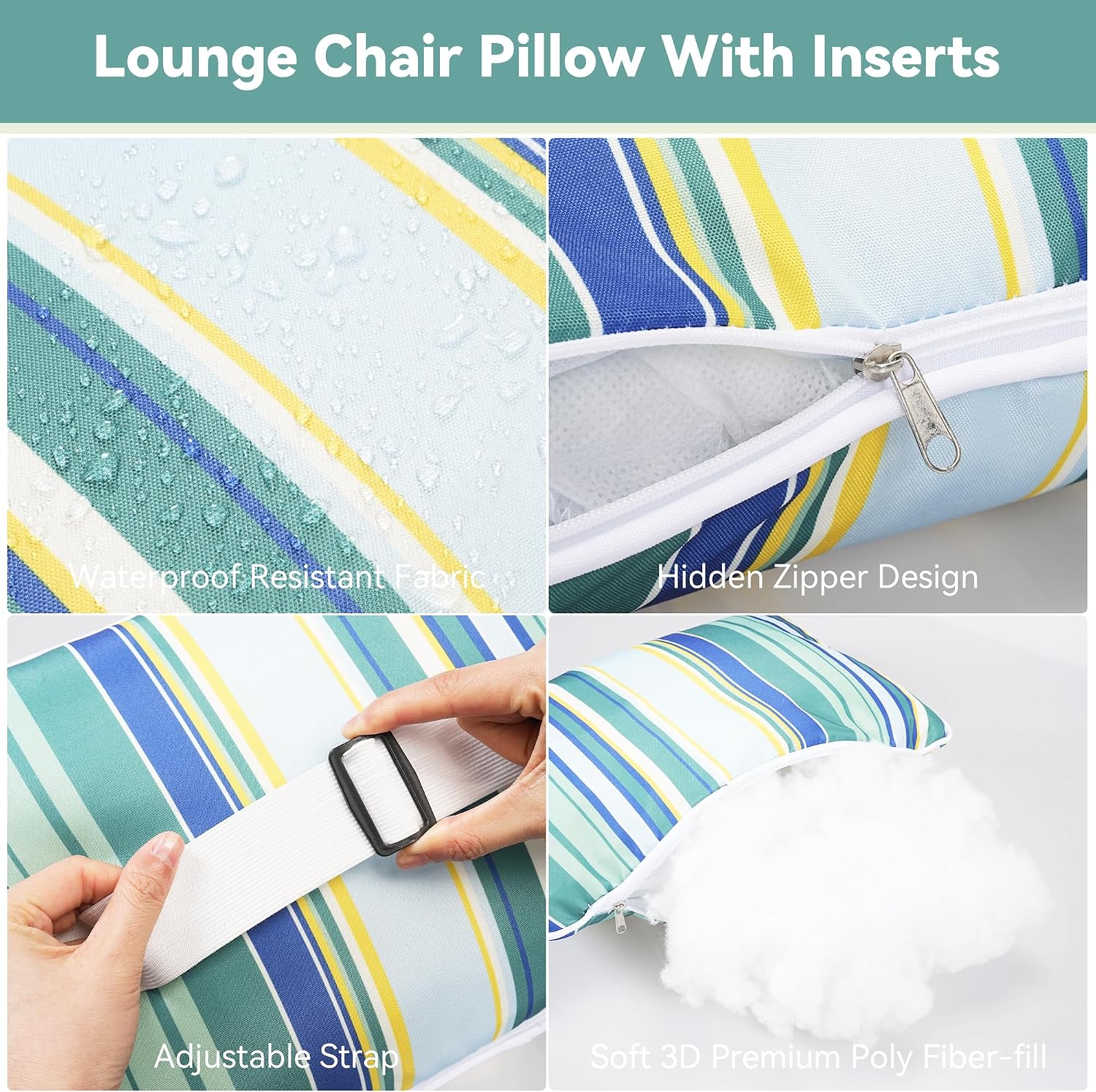 Enipate Outdoor Chaise Lounge Head Resting Pillows with Insert, Pack of 2 Water Resistant Headrest Pillows with Adjustable Strap for Pool Patio Chairs Beach Chair