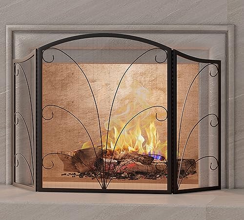 Pantalla decorativa de chimenea arqueada de 3 paneles, hecha a mano, de hierro forjado, cubierta de protección contra chispas, color negro