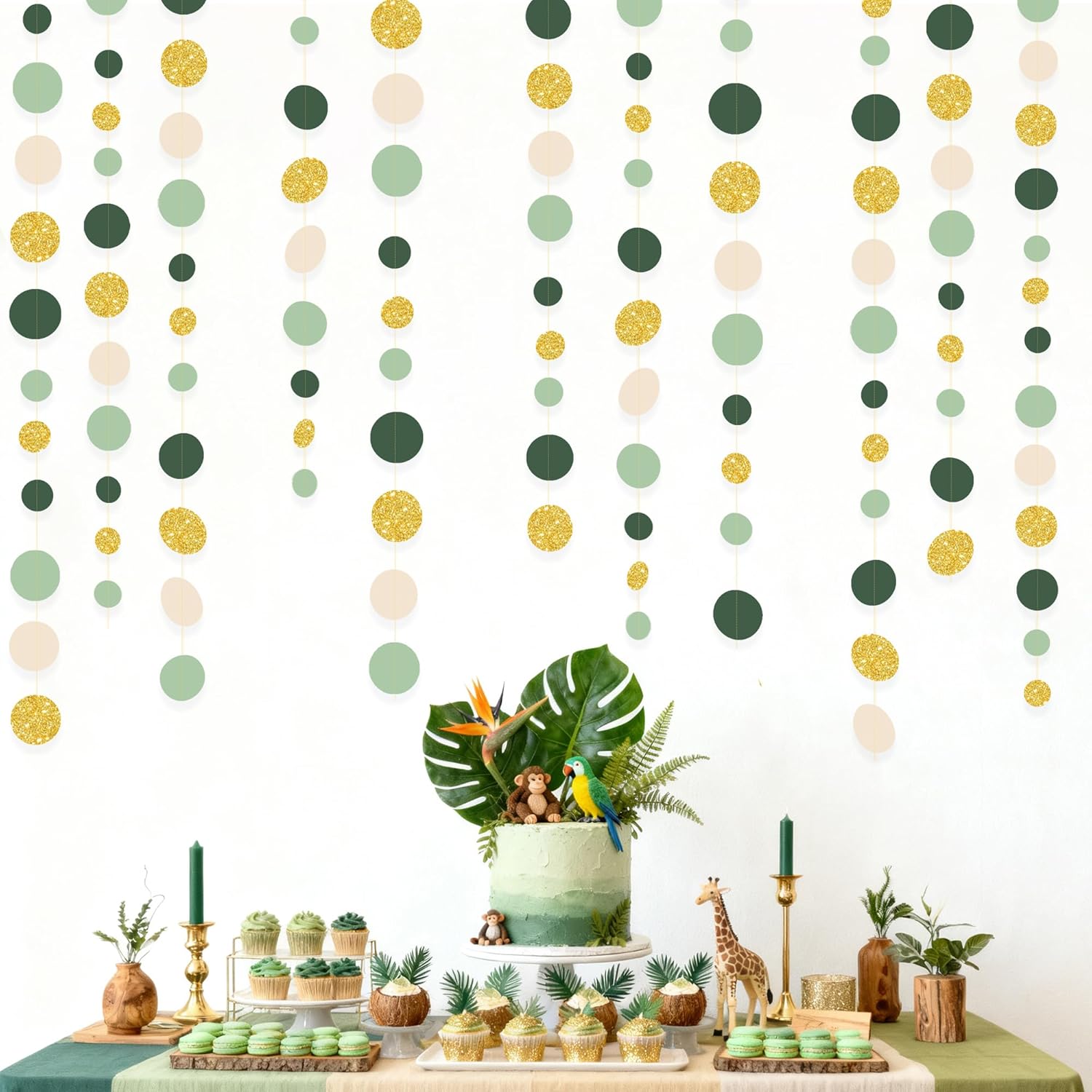 Sage Green Gold Beige Party Polka Dot Garlands Oilve Green Glitter Gold Hanging Paper Circle Dots Streamer for Baby Shower Birthday Wedding Engagement Retirement Boho Safari Party Decorations Supplies - Image 5