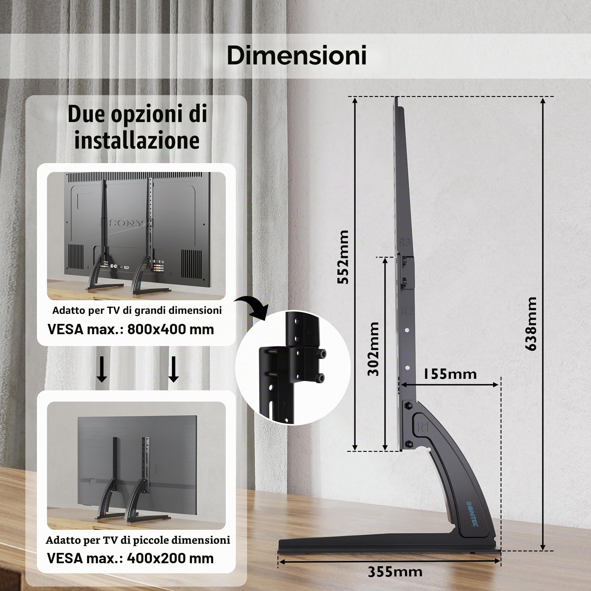 BONTEC Supporto TV Universale 22-65 Pollici VESA 800x400 mm Regolabile 50 kg