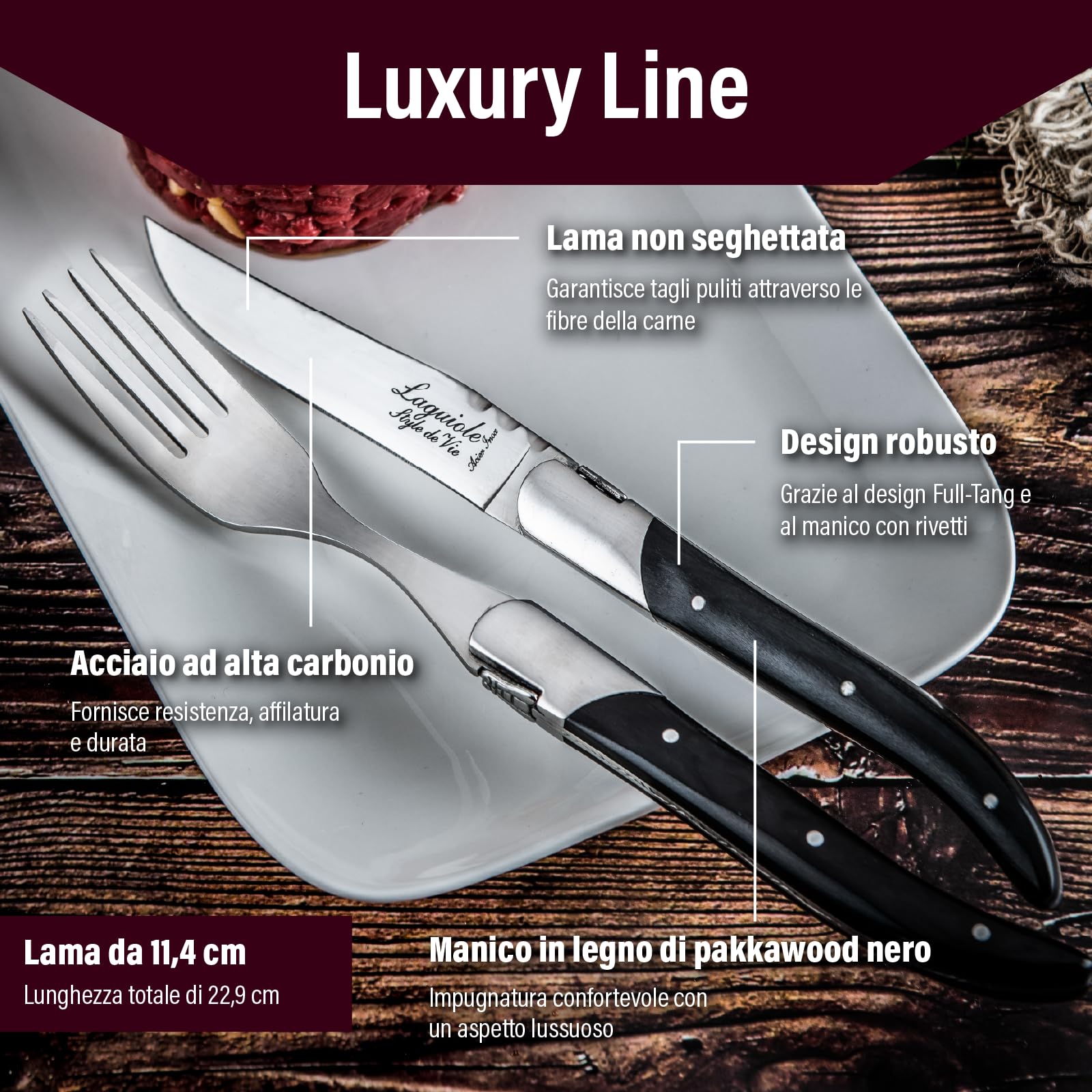Laguiole Style de Vie Coltello da bistecca, Luxury Line, 6 pezzi, in Legno Pakka.