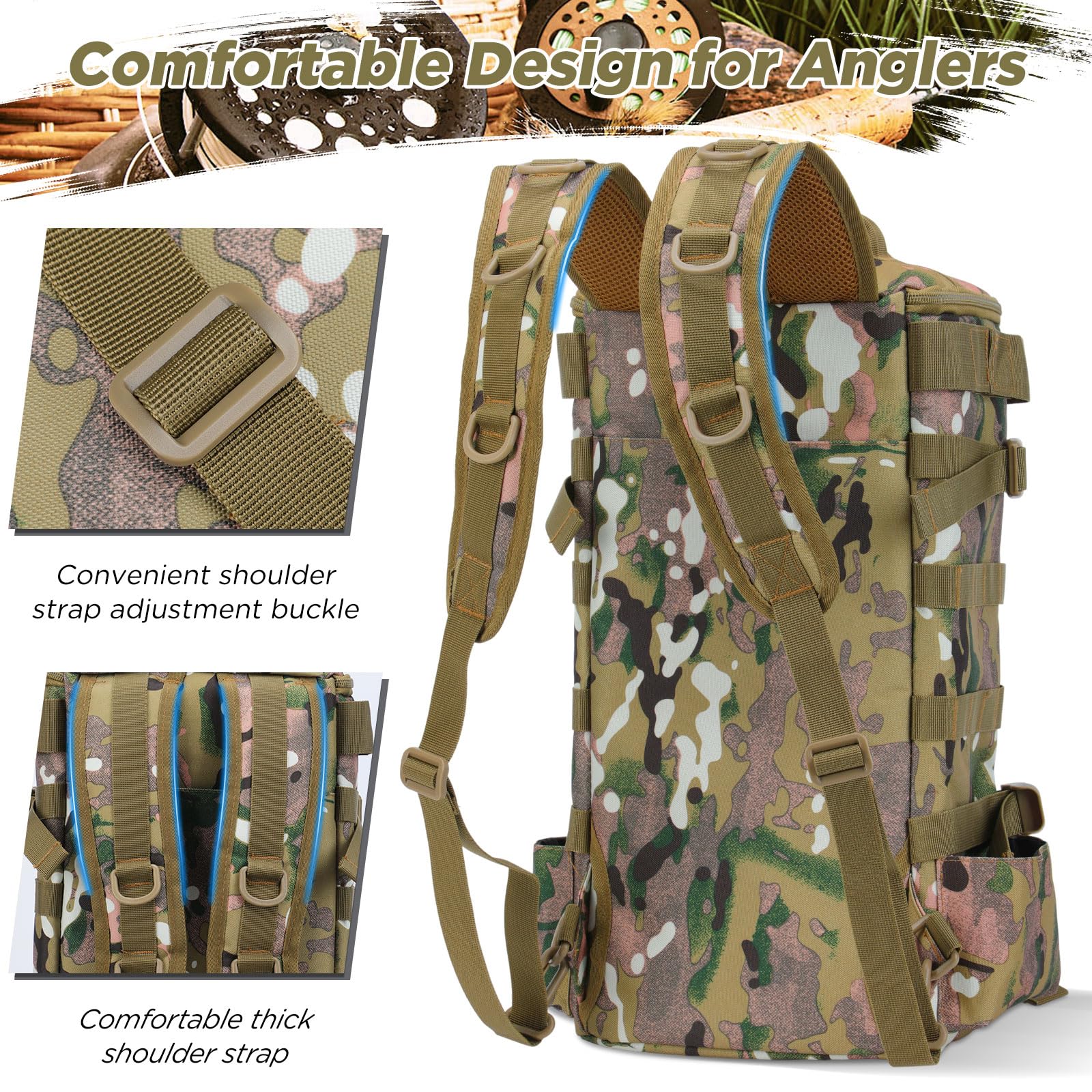 Zaino da Pesca, Borsa Impermeabile per Attrezzatura da Pesca, Borsa a Tracolla Mimetica Tattico Militare Molle per Escursionismo, Campeggio, Viaggio, Ciclismo