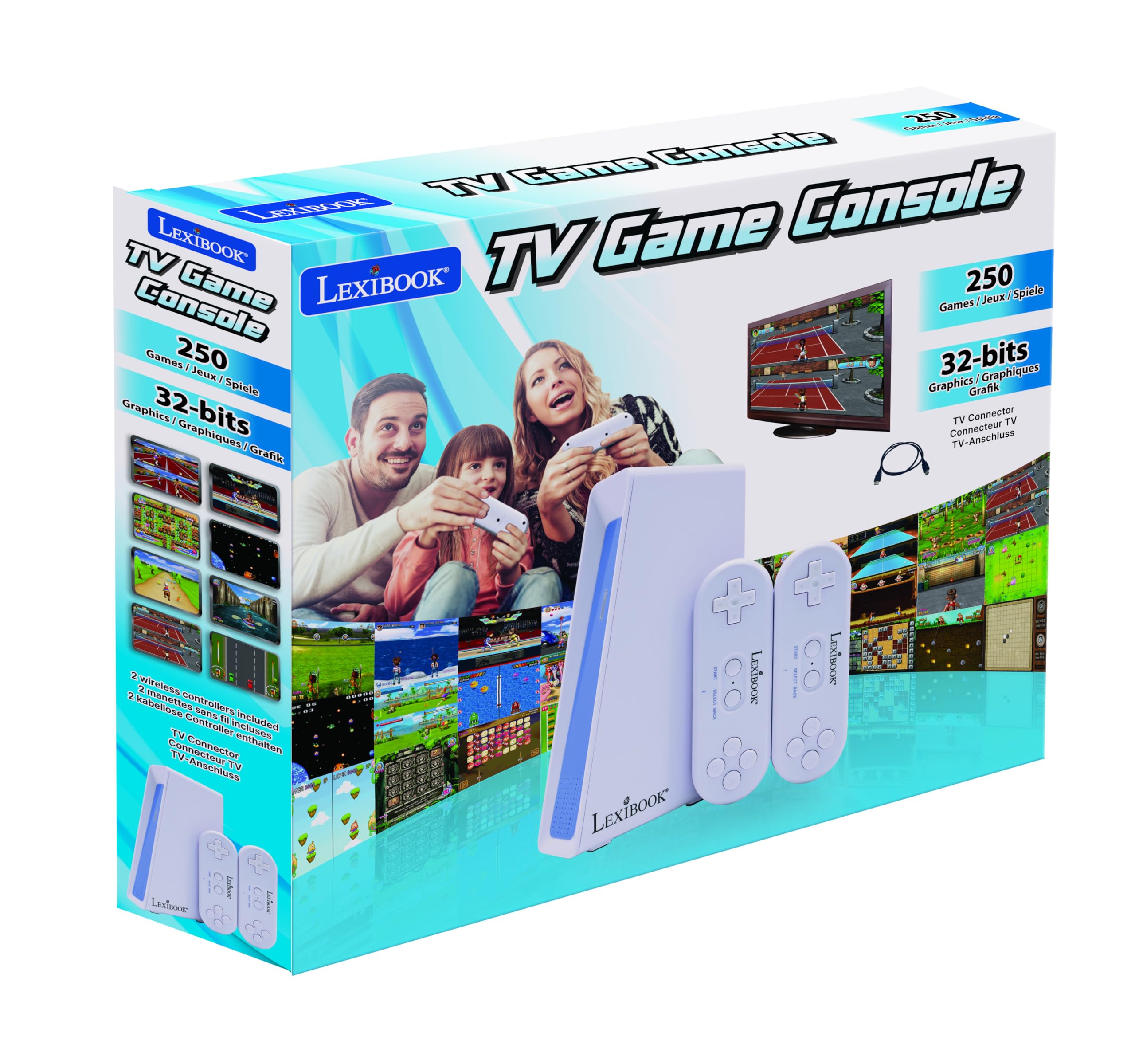 Lexibook, Console per videogiochi TV, JG7440 | 250 giochi, 2 controller wireless, grafica a 32 bit, connettore TV