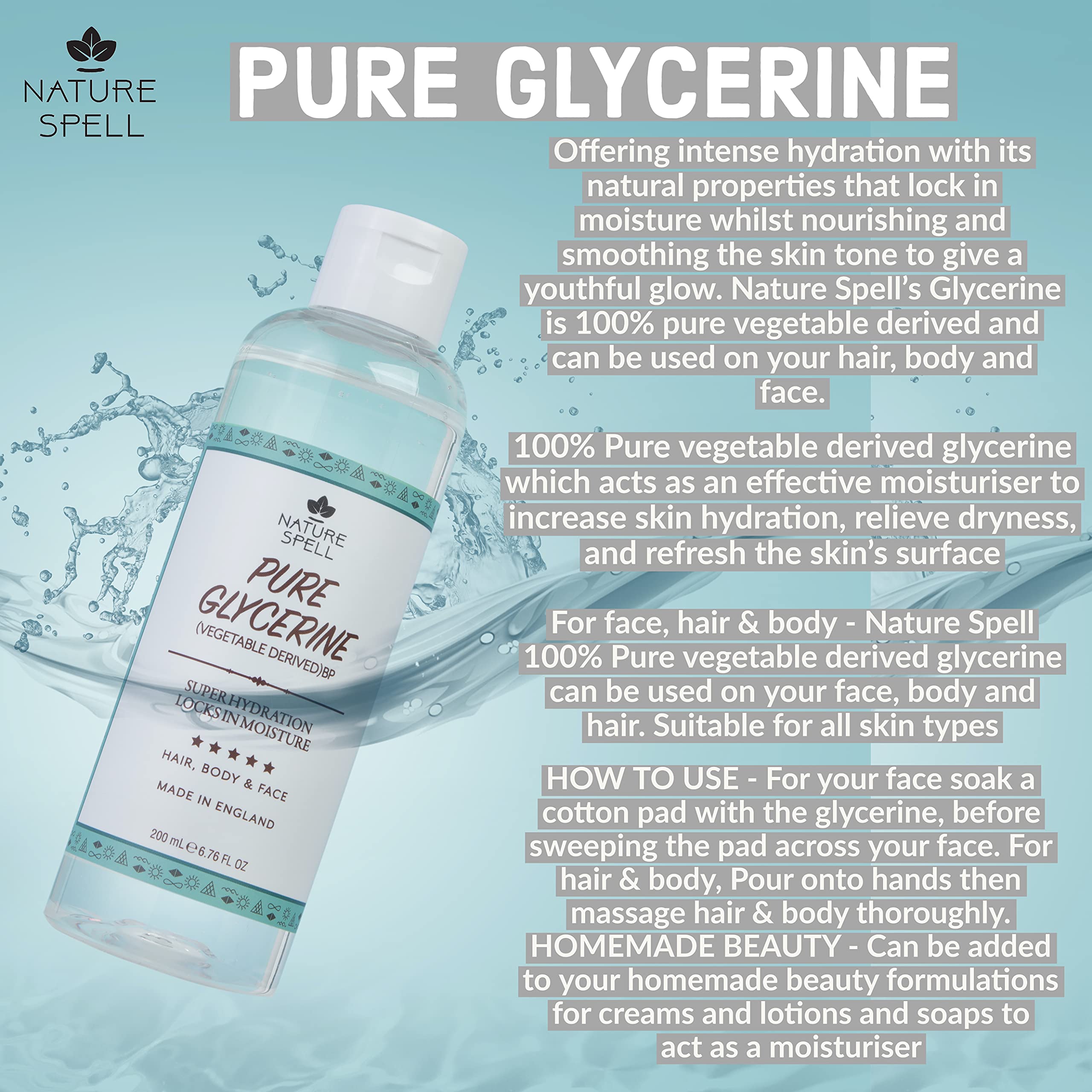 Nature Spell 100% Pure Vegetable Glycerine for Face and Body Moisturises & Refreshes, for All Skin Types Vegan, 200ml - Image 2