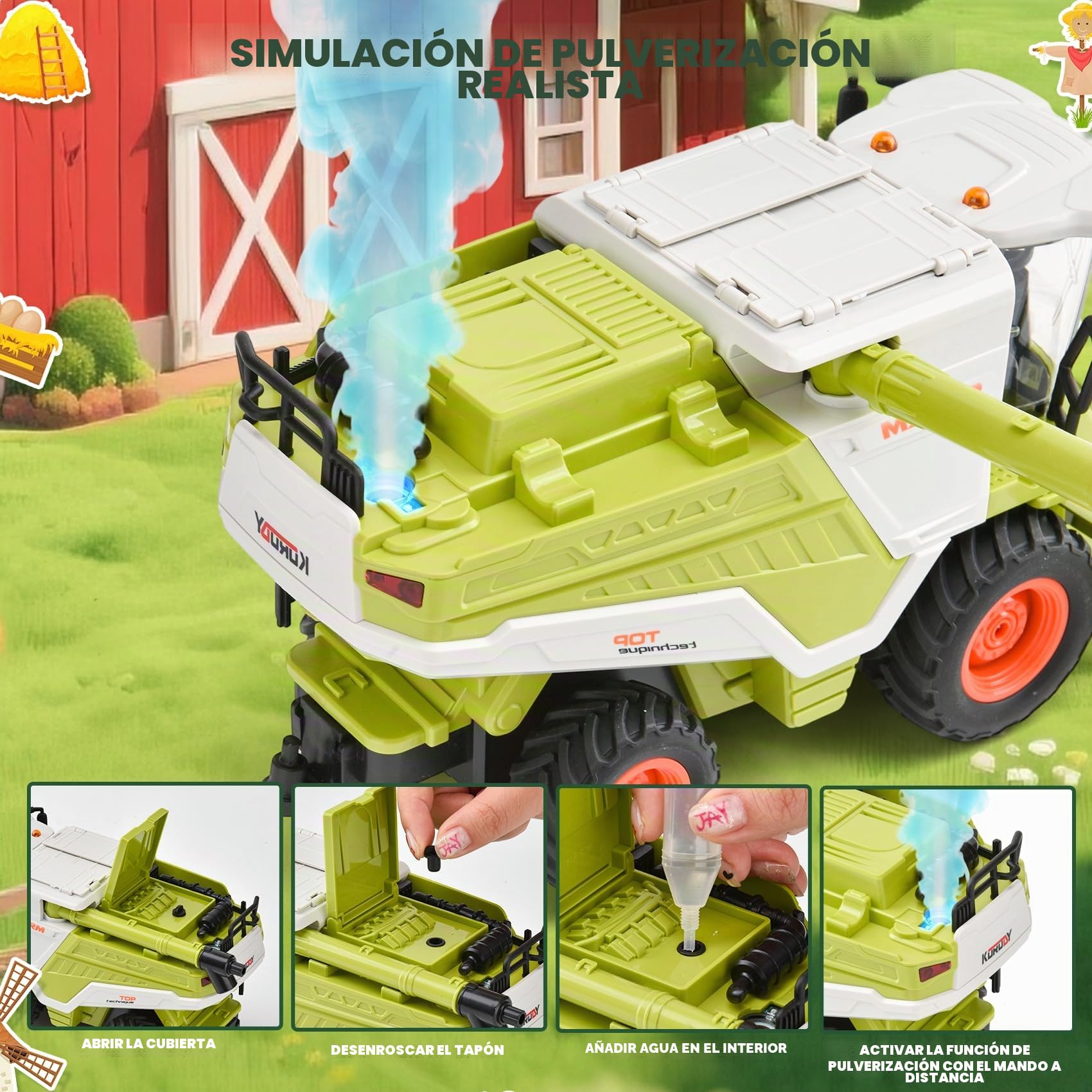 2 en 1 RC Cosechadora teledirigida grande, juguete cosechadora con luz, sonido y función de pulverización | Varios accesorios para escenarios de granja niños de 3 a 8 años