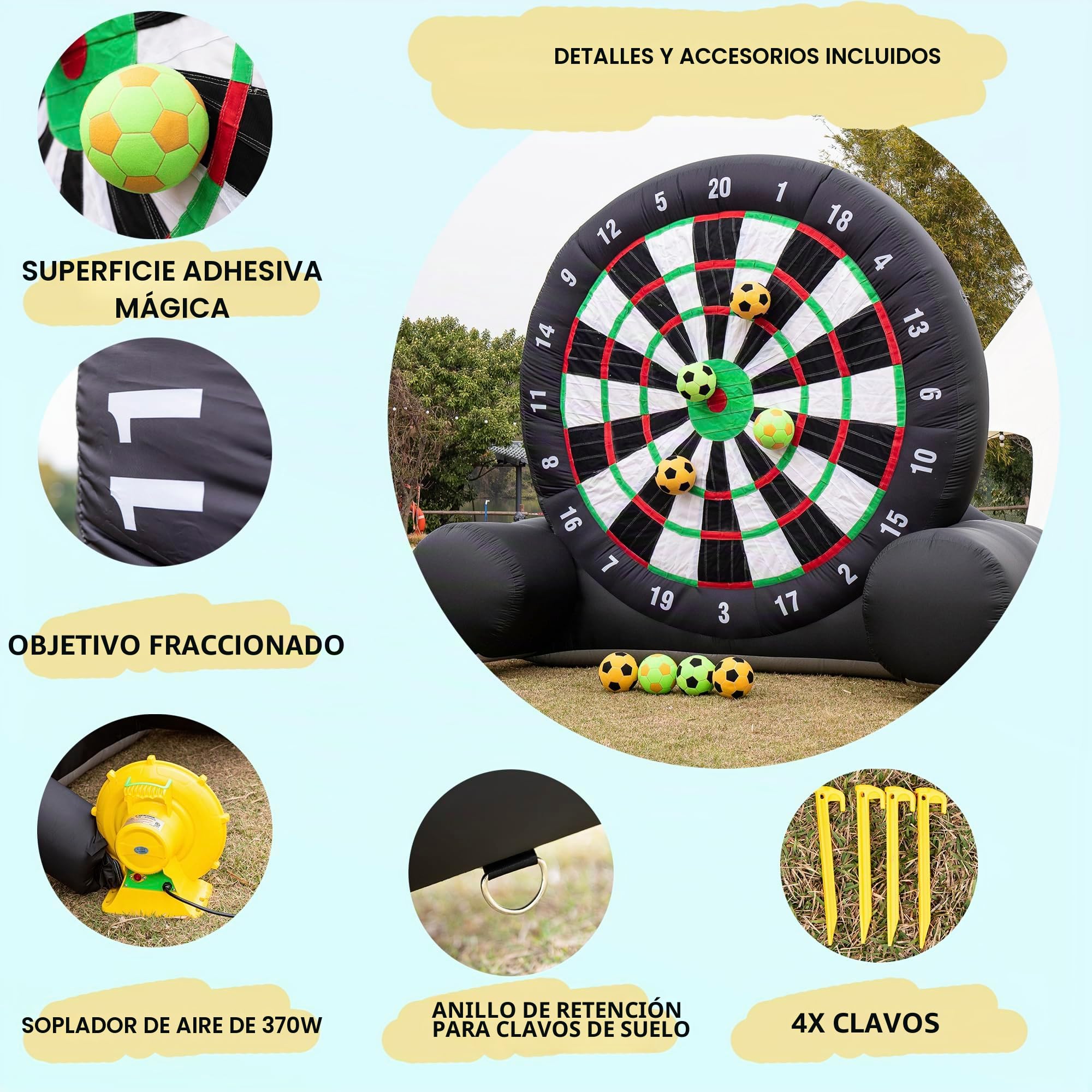 Tablero inflable de dardos de fútbol al aire libre (10 pies de altura), contiene 8 pelotas de fútbol y soplador de 370 W, juego de mesa gigante de fútbol al aire libre con objetivo grande