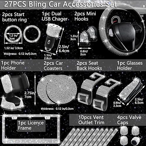 Miniatura 11 de NBTEPEM - Juego de 27 accesorios brillantes de automóvil para mujer, funda de volante de ajuste universal de 15'', marco para placa, soporte