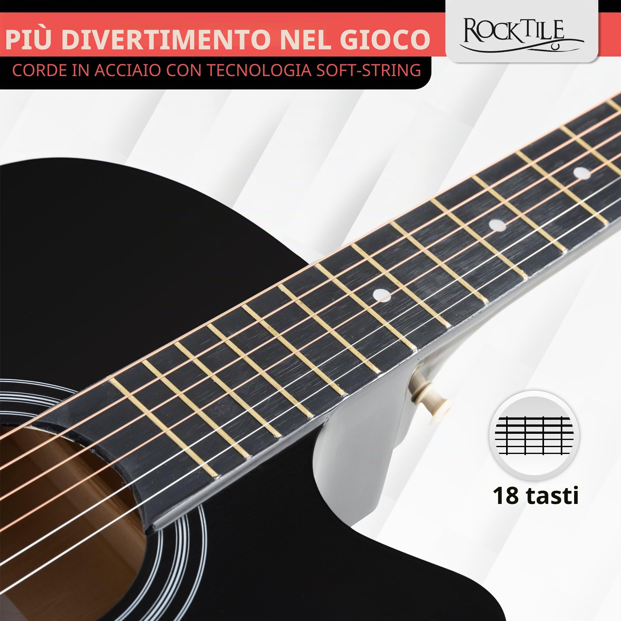 Rocktile WSD-5C-BK Slim Line Set Chitarra Western Nera, Generale, Peso: 1 | Modello: WSD-5C-BK, 4 kg, Lunghezza totale: 95 cm, Numero di corde: 6, Orientamento: Destrimano, Corpo, Top: Tiglio, Manico