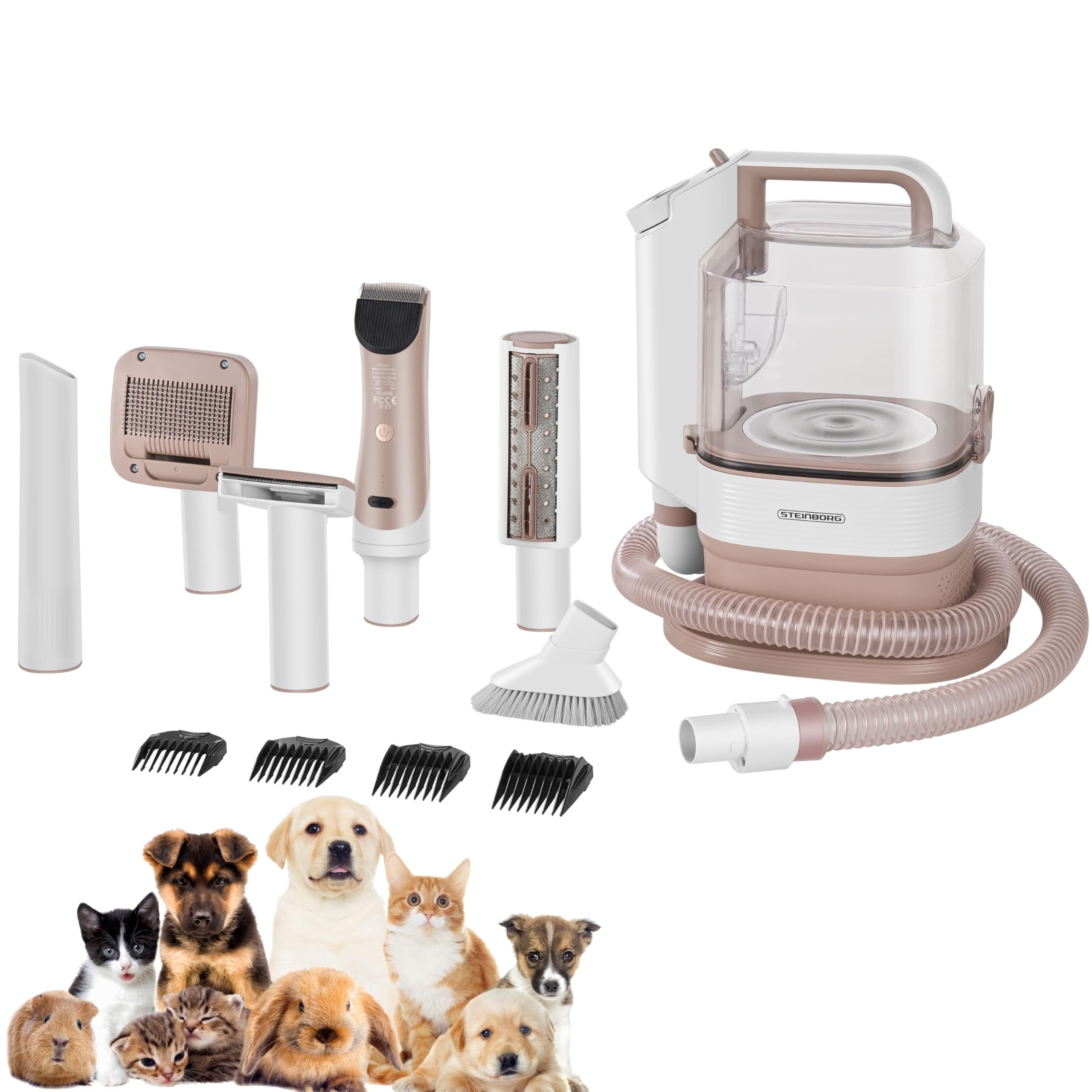 Steinborg® Cortapelos para animales con aspiradora, 13.500 Pa, silenciosa con aspiradora, aspiradora para perros con cepillo, quitapelos y cuidado del pelaje para perros, gatos, juego profesional de