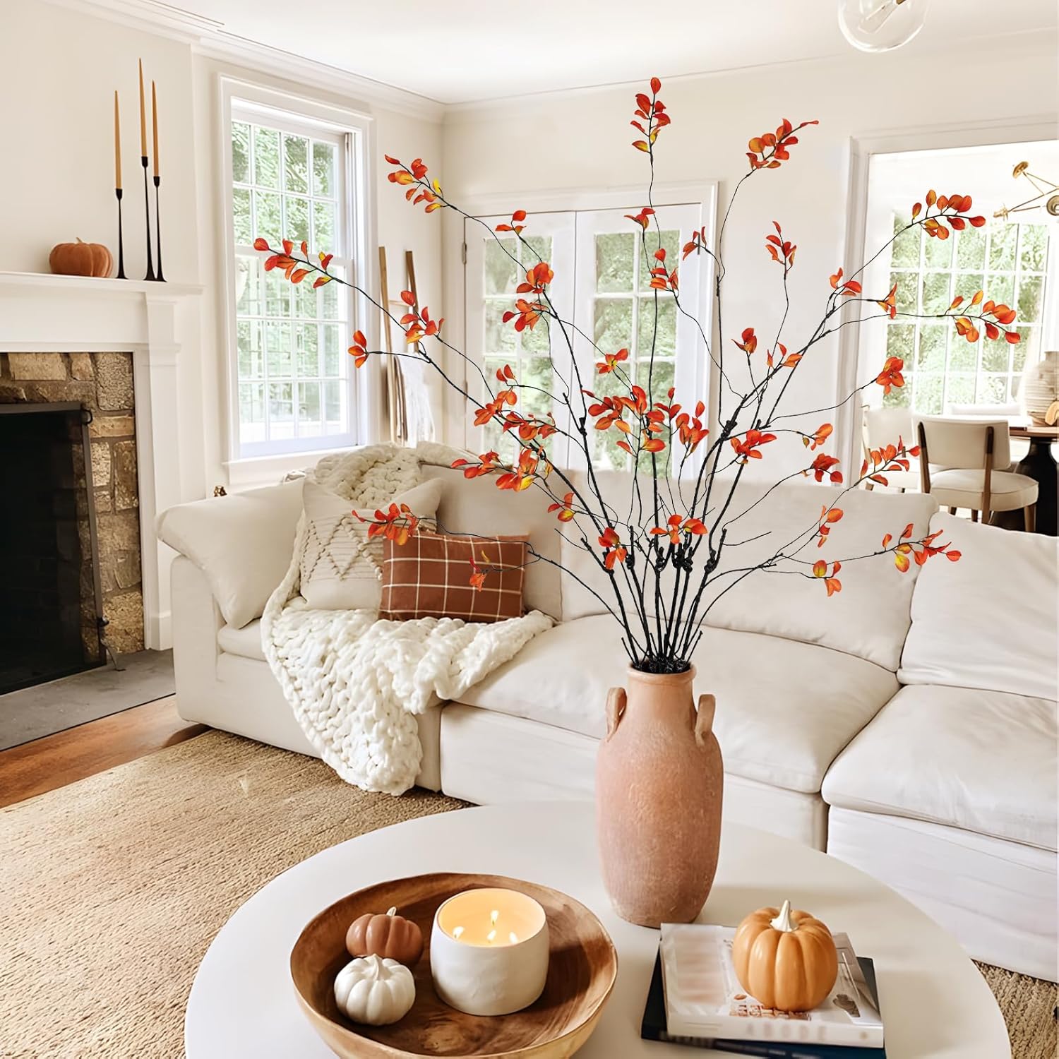 Krissing 6 Pcs Fall Greenery Stems, 37" Tall Fake Fall Stems Plants Artificial Fall Leaves Stems Branches for Vase Indoor Office Desk Home Thanksgiving Table Centerpieces Decor