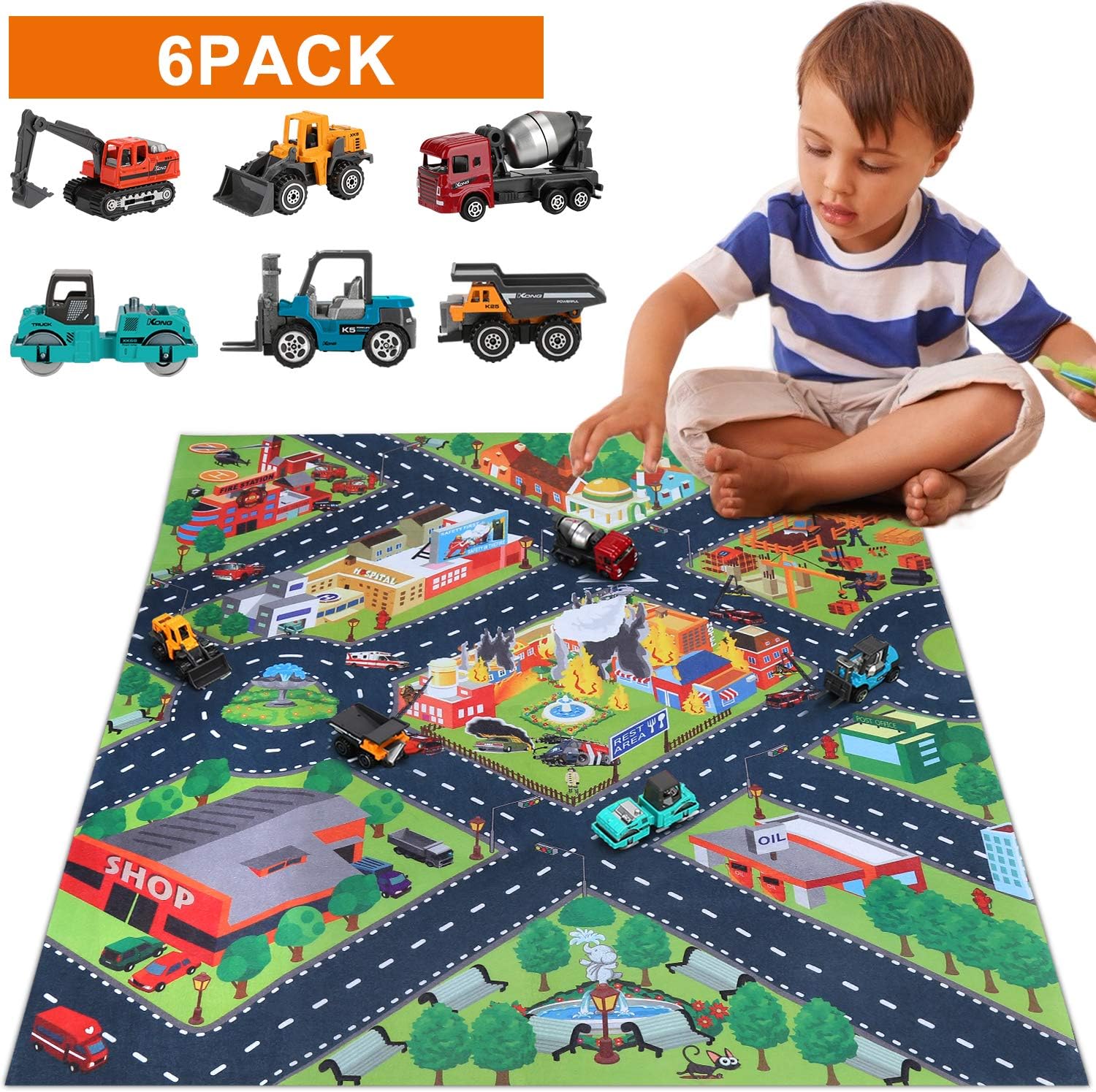 SunbriloStore Toys for 3 4 5 6 Year Old Boys,Boy Toys,Construction Vehicles Truck Toys Set with Play Mat, Mini Engineering Diecast Trucks Toys, 6 Color Trucks Toys and Play Mat, Tfor Toddlers, Kids