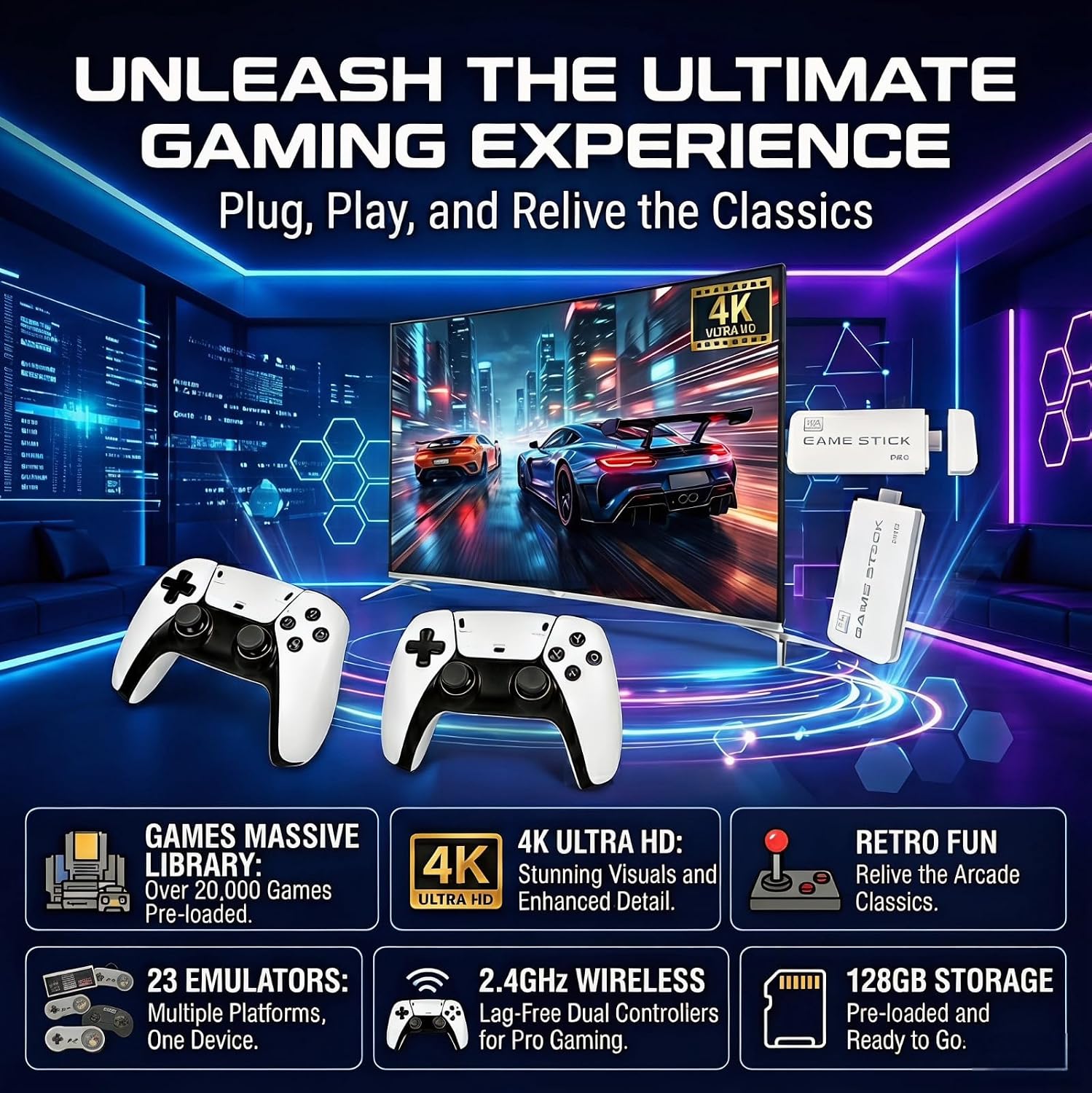 Retro Game Console 2026 New Edition, featuring 128GB of built-in storage, pre-loaded with over 20,000 retro classic games, two wireless controllers, 4K HDMI TV output, and a plug-and-play portable retro gaming system 3 816LRlIm3IL. SL1500