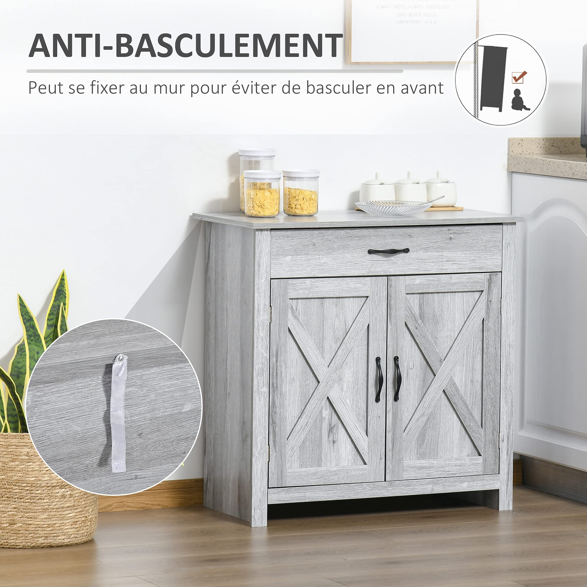 HOMCOM Buffet Salon avec Tiroir 2 Portes 80 x 39,7 x 80 cm Gris Clair | Meuble de Rangement, Étagère Réglable, Buffet Salle à Manger et Cuisine