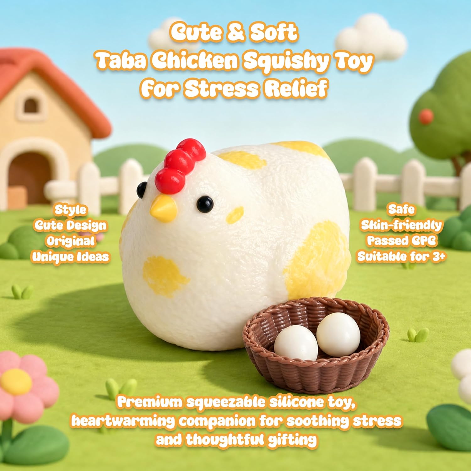 Cute Original Silicone Taba Chicken Squishy – Soft Fun Squeeze Hen Sticky Stress Relief Desk Toy Creative Gift for Kids & Adults Includes Mini Resin Nest 2 Realistic Eggs image 2