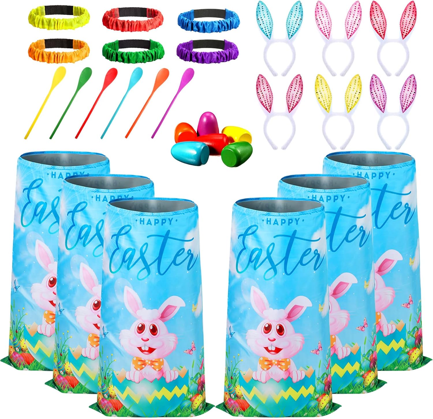 Civaner 30 Pcs Easter Games Set for Kids Outdoor Includes 6 Bunny Potato Sack Race Bags 6 Easter Egg and Spoon 6 Bunny Ears Headbands 6 Legged Relay Race Band for Game Party(Rainbow Color,Happy)