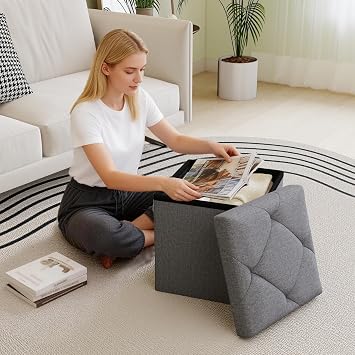 15 W Storage Ottoman Bench, Folding Storage Bench Ottoman, for Bedroom, Living Room, and Utility Room, Grey