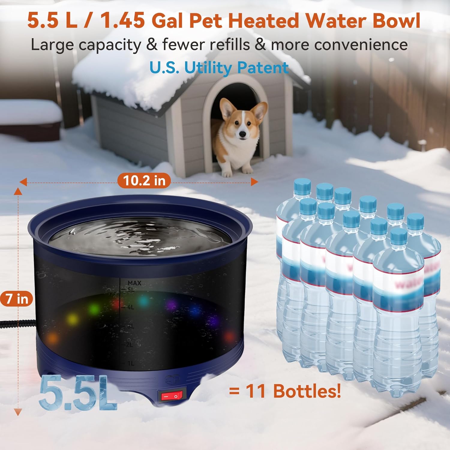 5.5L Heated Water Bowl, 1.45Gal Large Heated Dog Bowls for Outside, Outdoor Winter Waterproof Heat Pet Water Bowl with Chew Resistant Power Cord & LED Neon for Dog/Cat/Chicken/Duck/Rabbit
