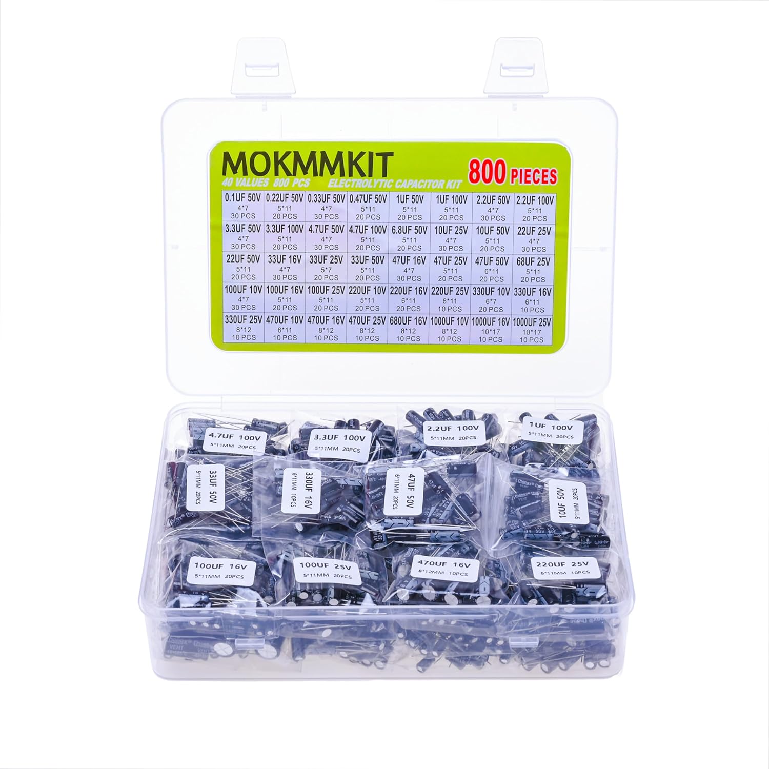 MOKMMKIT 40 Values 800 Pieces, 0.1uF-1000uF, 10V 16V 25V 50V 100V, Electrolytic Capacitor Assortment Kit, DIY in-line Aluminum Capacitors Set, Direct Insertion Series - Amazon product rated Grade A