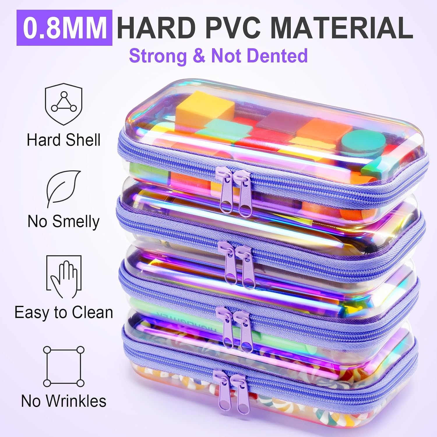 Hoolerry 4 Pcs Hard Clear Zipper Case Makeup Bags Plastic Zipper Pouch Transparent Storage Box Containers for Cosmetics, Snacks, Building Blocks, Puzzles(Clear,7.5 x 3.9 x 2 in,Purple Laser)