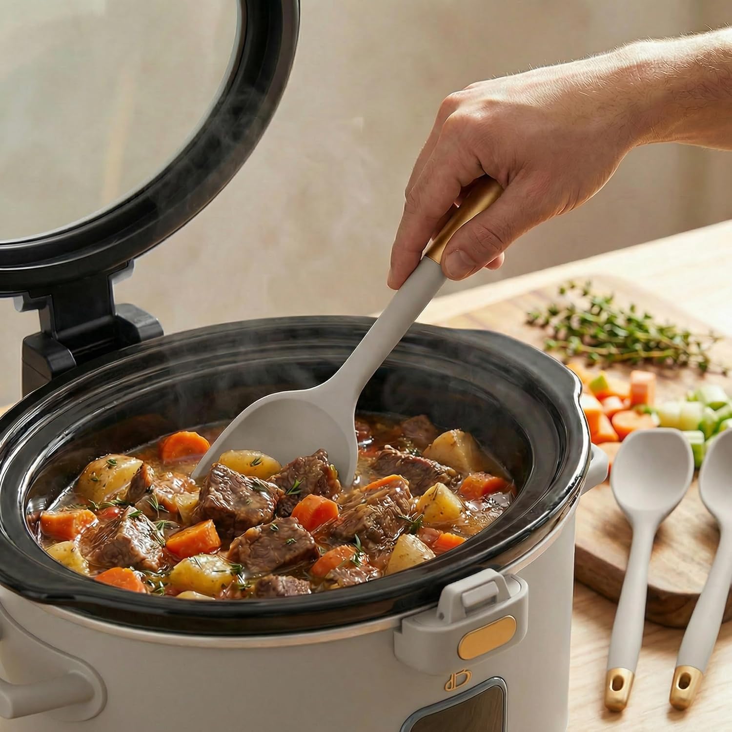 4 Quart Slow Cooker with Hinged Locking Lid and Touch Activated Display and 3 Piece Silicone Kitchen Utensil Set - Porcini Taupe Digital Small Slow Cooker with Timer and Automatic Warm