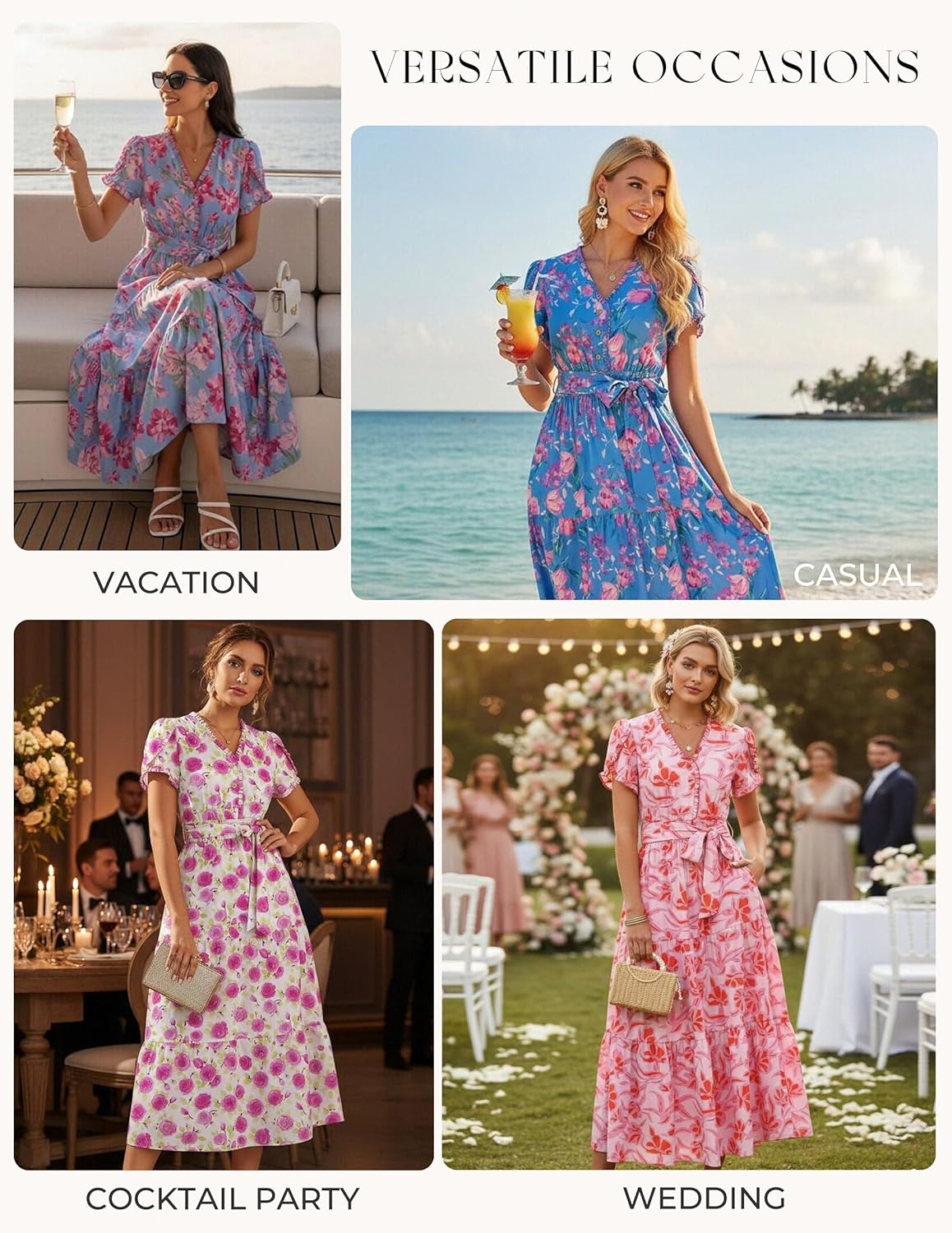 GRACE KARIN Women's 2026 Summer Boho Midi Dress,Floral Ruffle Sleeves V Neck Belted Dresses,Flowy Vacation Beach Dresses - Image 5