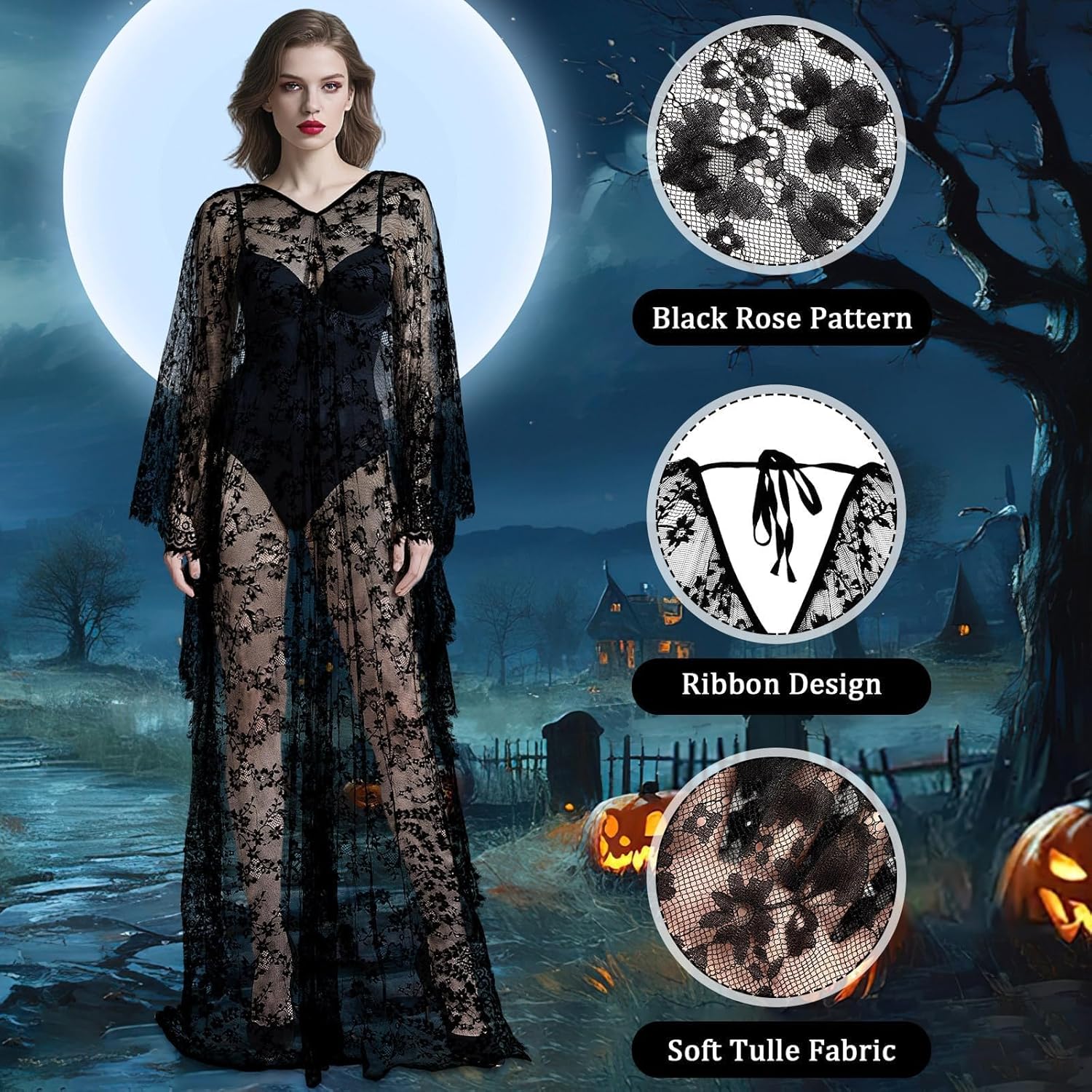 Witch Lace Kimono Kaftan Dress Robe Bikini Swimsuit Beach Cover up for Women Maternity Halloween Vampire Costume - Image 3