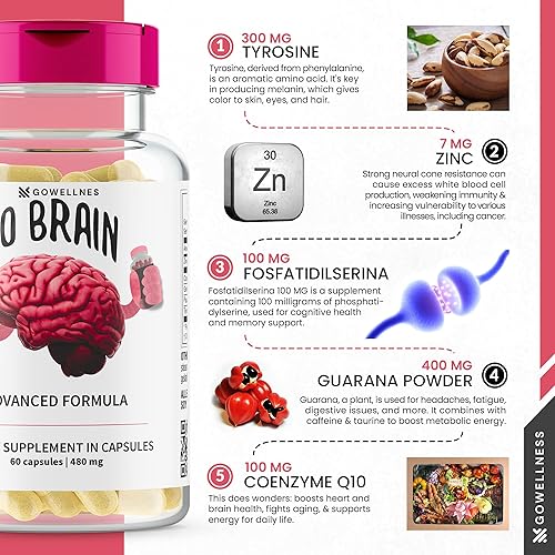 Miniatura 3 de Suplemento de apoyo cerebral nootrópico (120 cápsulas), para hombres y mujeres, suplemento de concentración para concentración, refuerzo de memoria