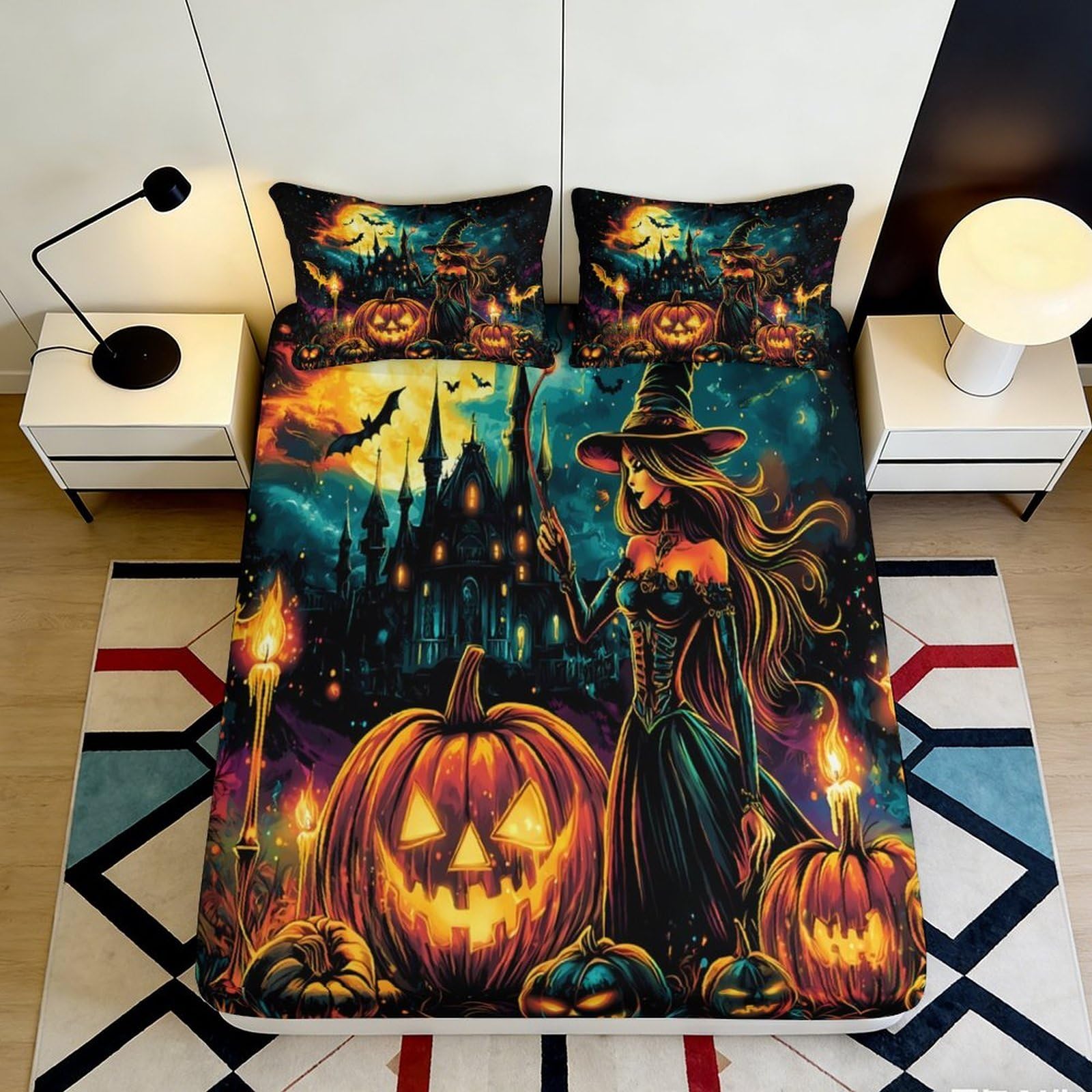 3D Printed Halloween Pumpkin Fitted Sheet Microfiber Soft Breathable Witch Castle Mattress Cover for Bedroom Dorm Decor 90x200x25cm