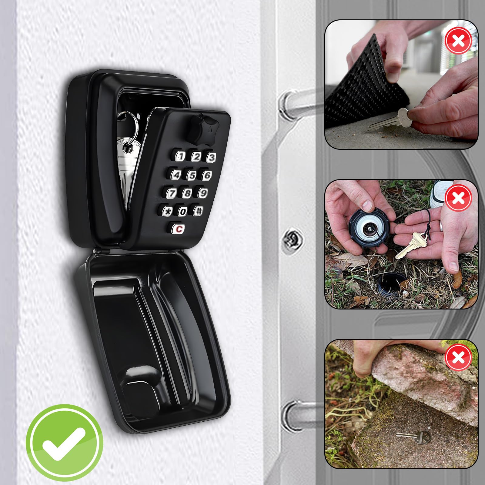 Kizaten Wall Mounted Key Safe, Key Lock Box with Resettable 12-Digit Code, Weatherproof Cover Security Key Box for Outside Home Office - Image 4