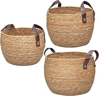 GIB Set of 3 Round Wicker Seagrass Storage Baskets with Leather Handles - 13", 12", 11" Natural Handwoven Bins for Shelves, Blankets, Organizing