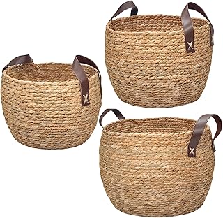 GIB Round Wicker Woven Seagrass Storage Baskets with Leather Handles Set...