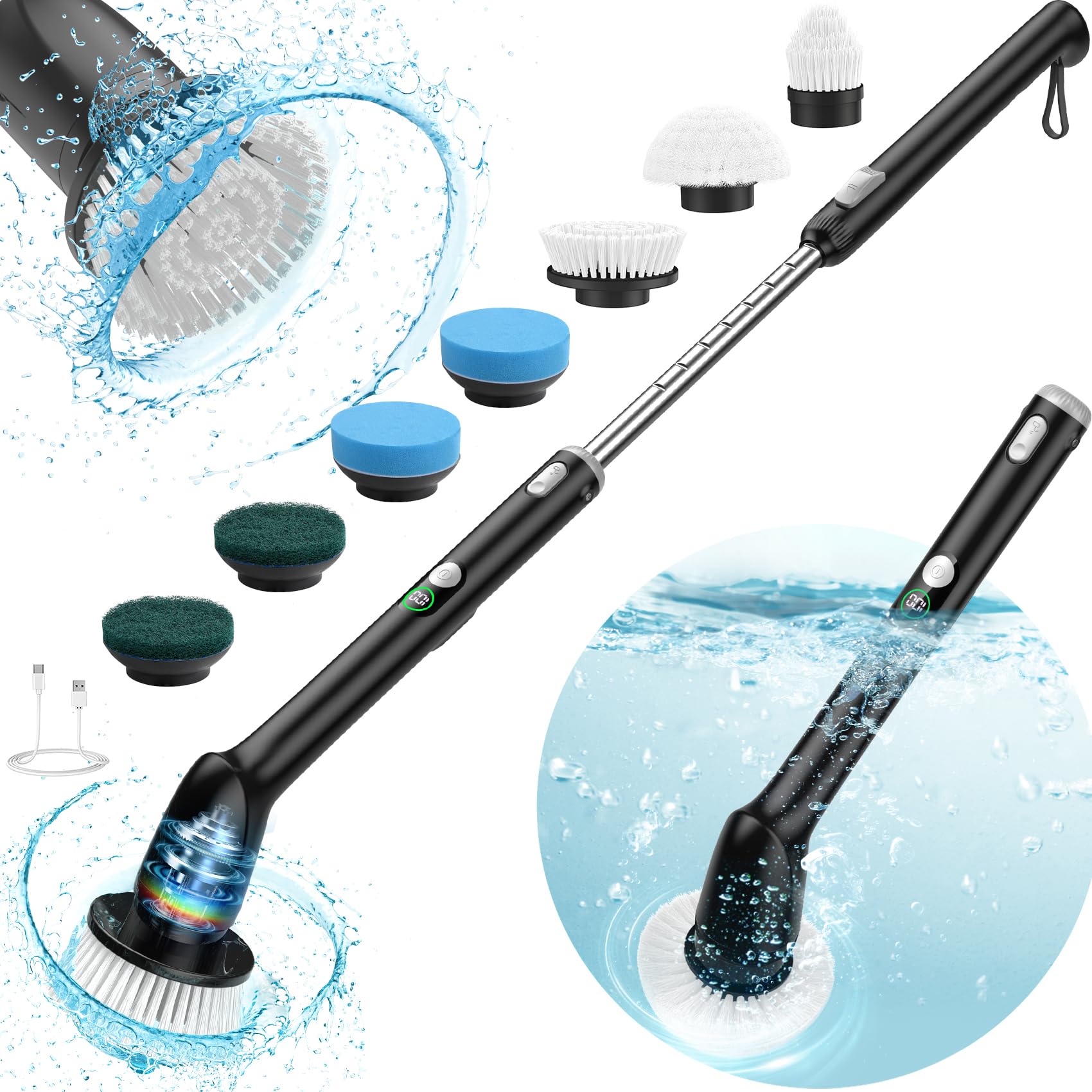Electric Spin Scrubber, IPX7 Shower Scrubber with LED Display, Shower Cleaner Brush Electric with Long Handle, Bathroom Scrubber with 2 Spin Speeds, 7 Replacement Heads for Shower, Tub, Kitchen, Tile
