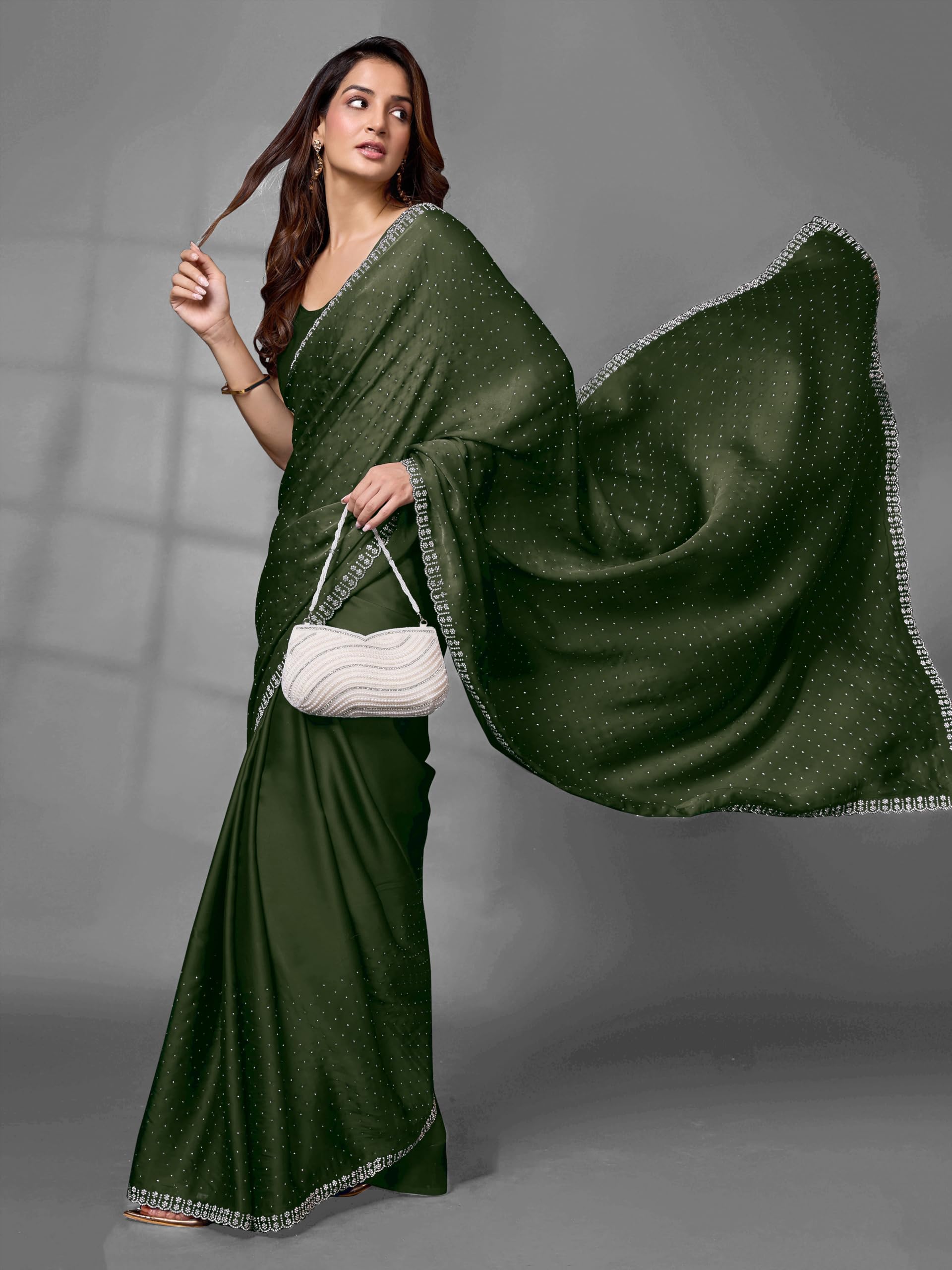 TRENDMALLS Damen Satin Georgette Zarkan Arbeit Saree mit Unstitch Bluse Stück