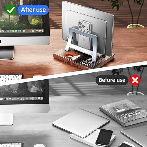 Miniatura 7 de Soporte vertical para laptop para escritorio, soporte para MacBook con bloqueo automático por gravedad, soporte vertical de plástico ABS compatible