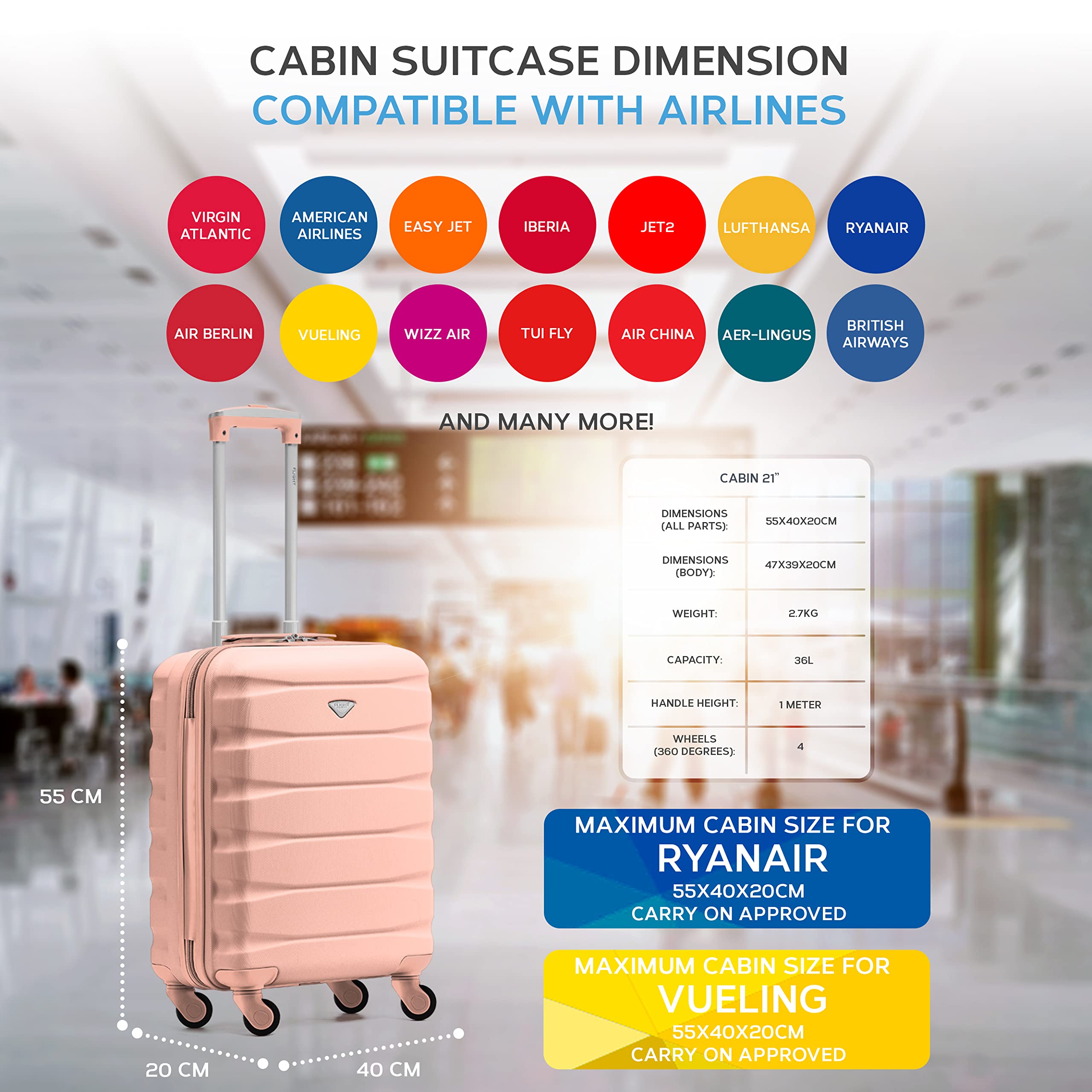 Flight Knight Set of 2 Lightweight 4 Wheel ABS Hard Case Suitcases Cabin Carry On Hand Luggage Approved for Over 60 Airlines Including easyJet, Jet2 & Maximum Size for Ryanair (Priority) 55x40x20cm