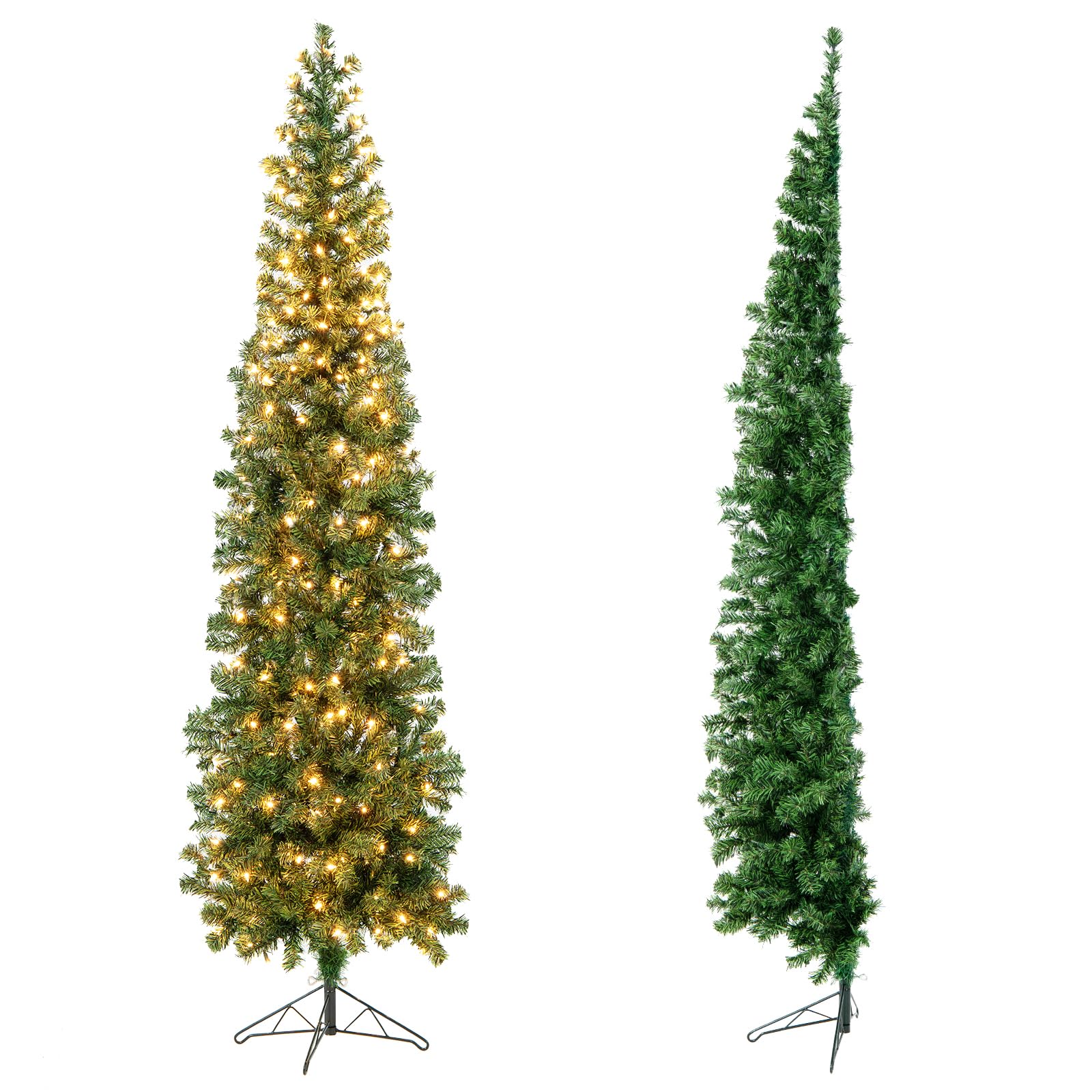 KOMFOTTEU Künstlicher Bleistiftbaum 210 cm mit 150 LED-Lichtern, Halber Weihnachtsbaum mit 403 Zweige & Metallständer, Christbaum Tannenbaum Weihnachtsdekoration für Haus Geschäfte Büro (450 Zweige)