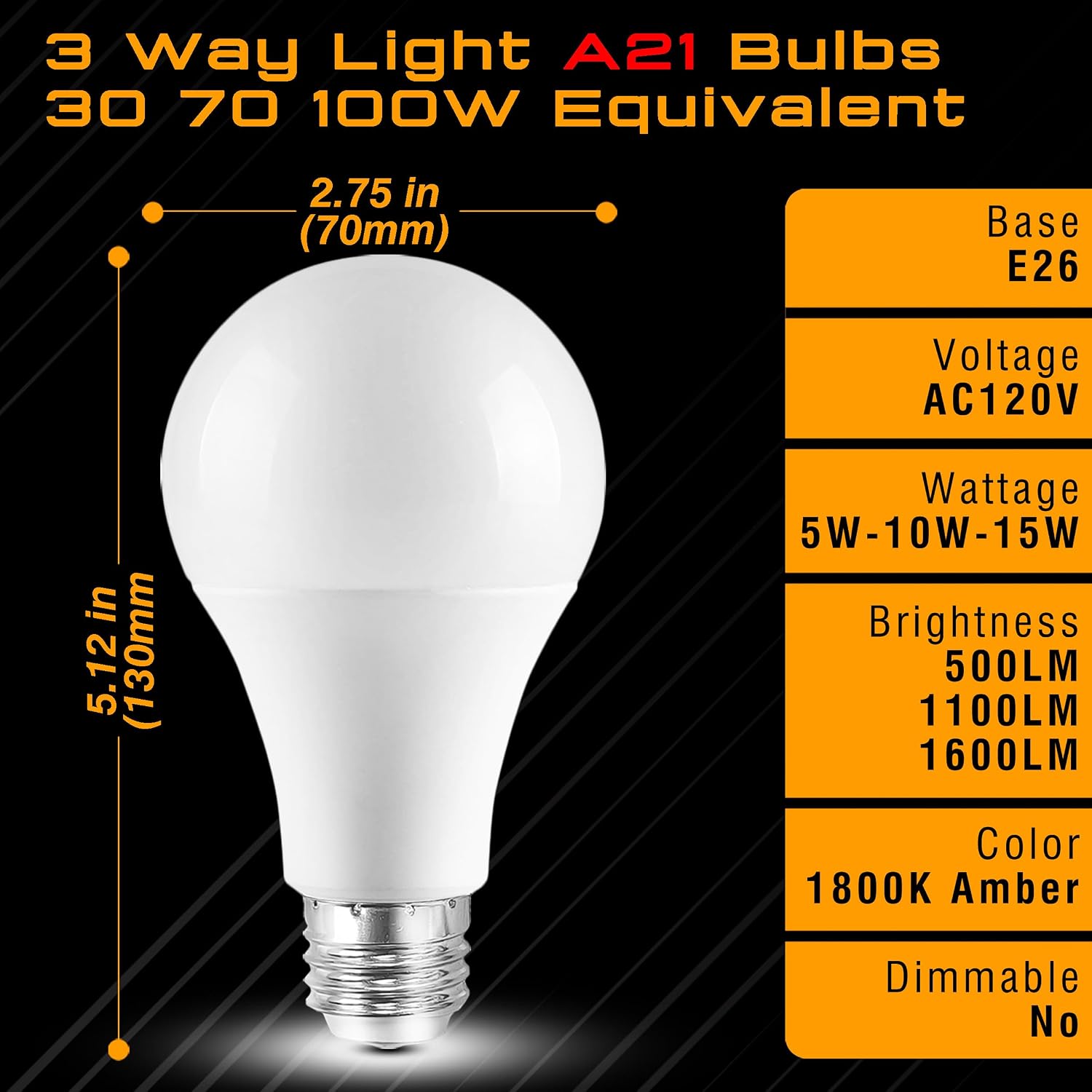 3 Way LED Light Bulbs Amber 30 70 100 Equivalent, 1800k Warm Light Bulbs, A21 3way LED Amber Night Light Bulb 5/10/15W, E26 Three Way Warm Bulb for Healthy Sleep, Bedroom, Reading, 4 Pack