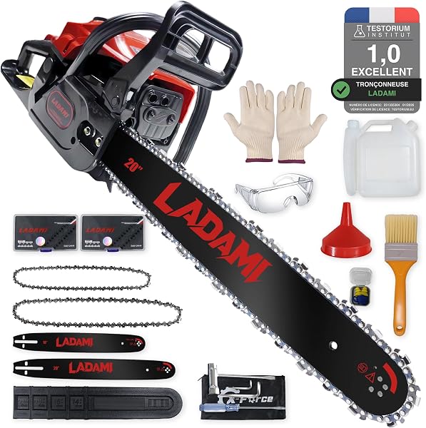 Tronçonneuse thermique 58 cm³ professionnelle, guide 50 cm et 40 cm, 2 chaînes, moteur 2 temps