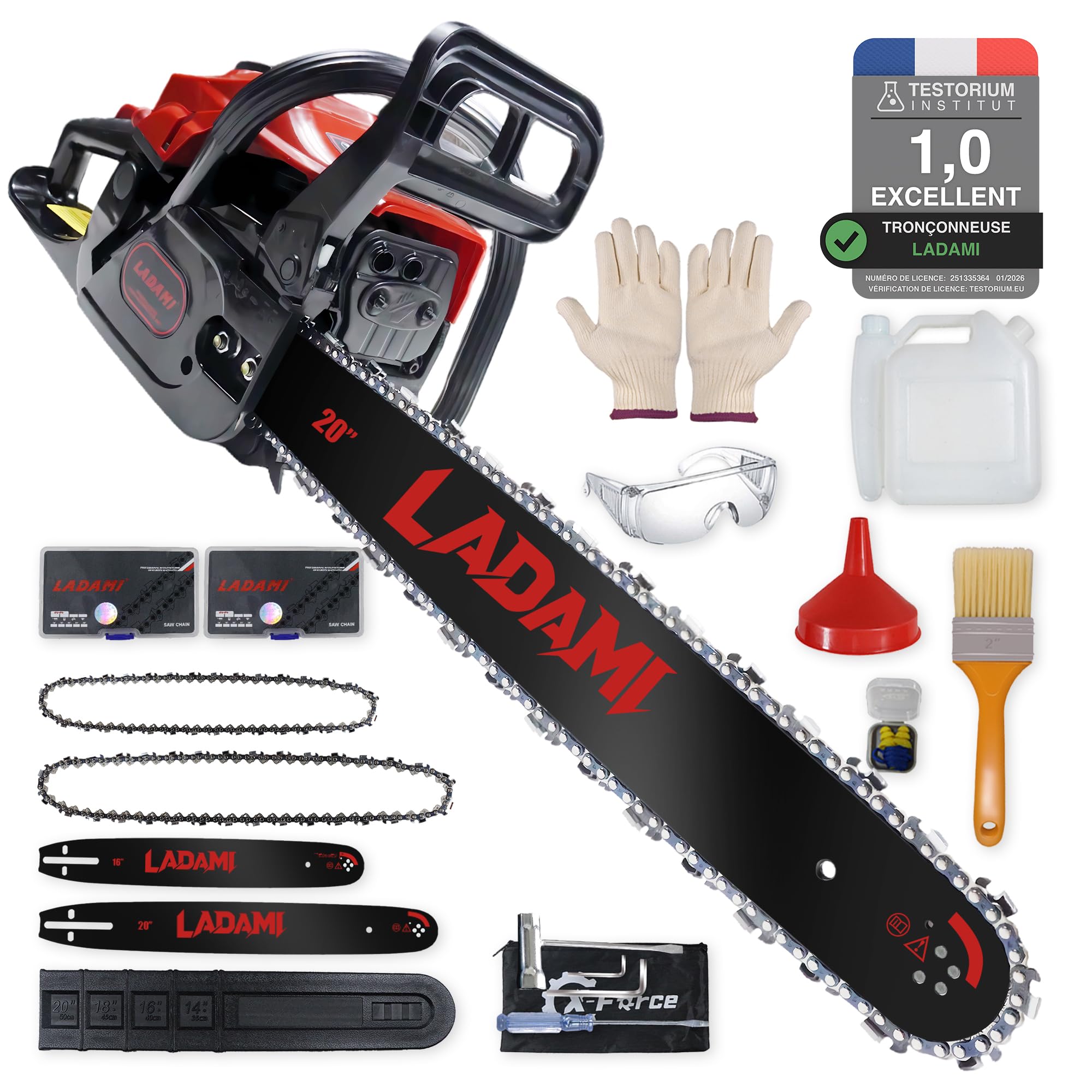 Tronçonneuse thermique 58cm³ professionnelle, moteur 2 temps, 3,5CV, avec guide-chaîne de 50 cm et 40cm, 2 chaînes, idéale pour l'entretien des arbres, l'exploitation forestière et le jardinage
